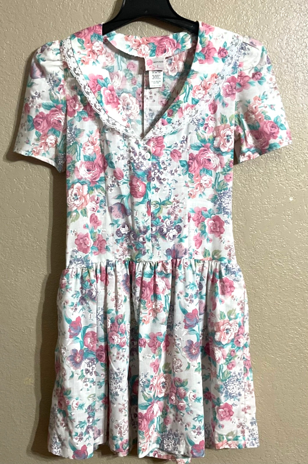 Vtg 80s Tea Party Midi Dress 10 Cottagecore Floral Misty Rose Romantic Coquette