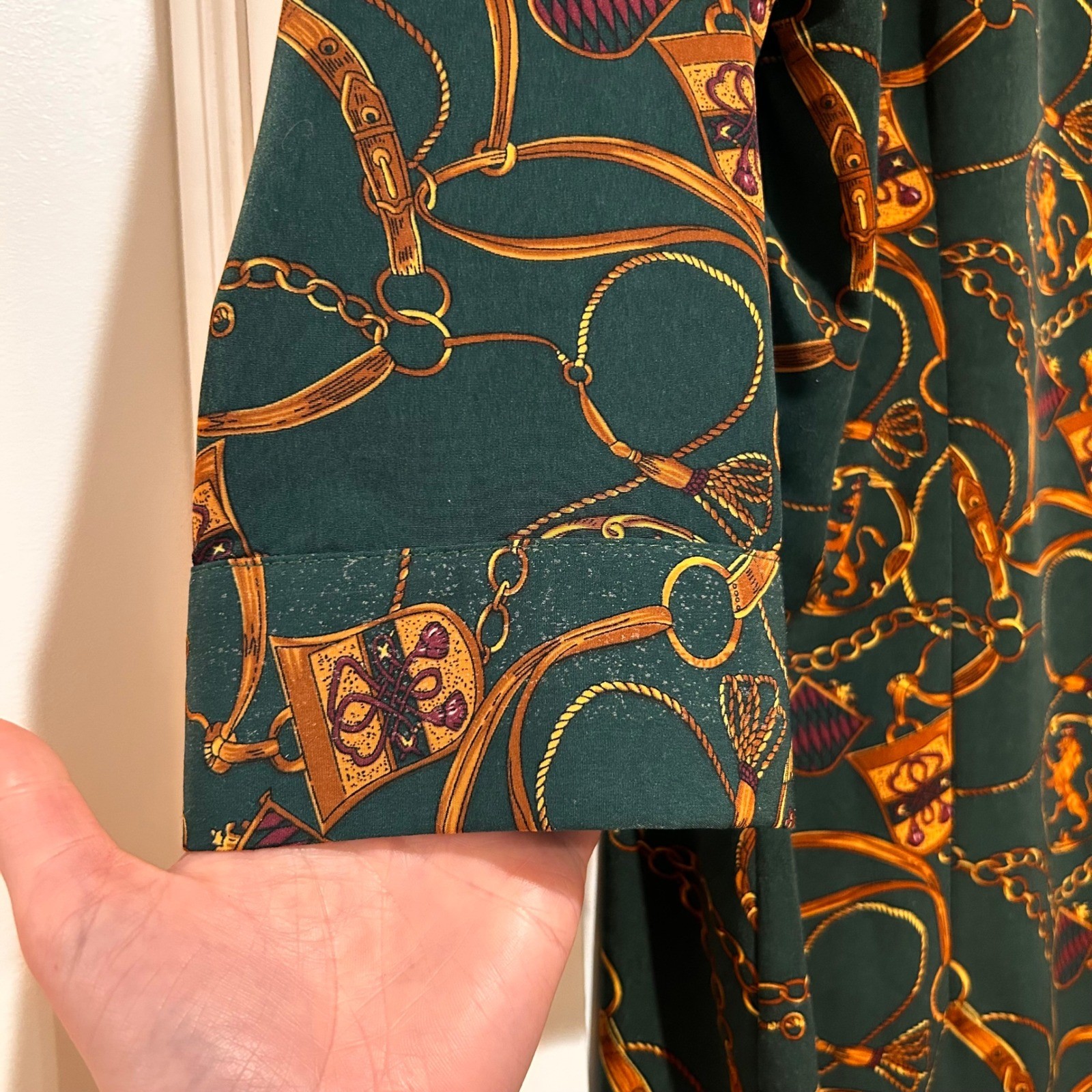 Vintage Darian Green Equestrian Print Shirt Dress Women’s 12 Old Money Heritage