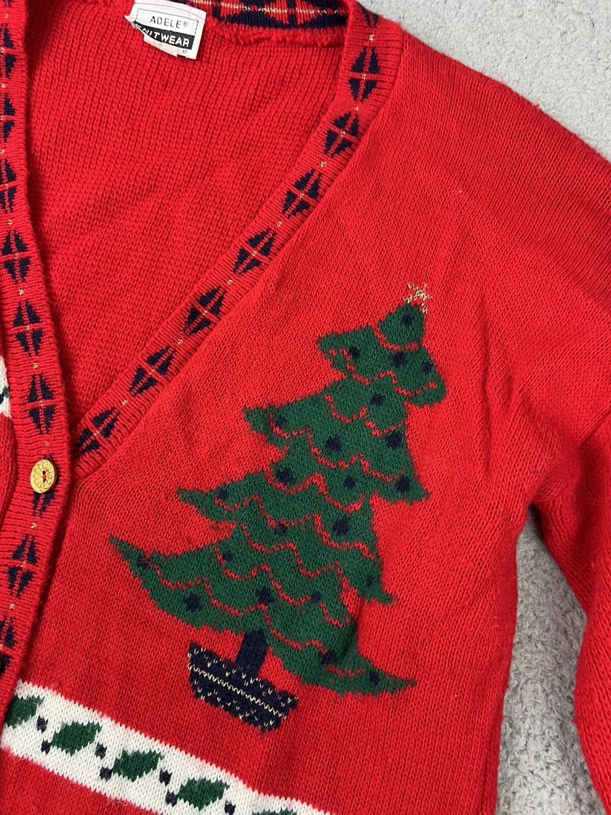 VTG Adele Knitwear Ugly Christmas Sweater Large Bear Tree Bells Present Cardigan