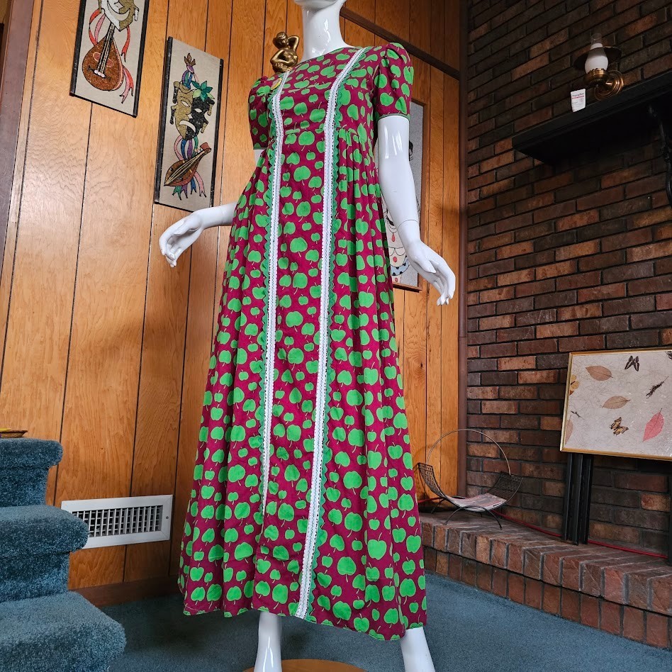 Vtg 70s Miss Centennial Belle Kansas Parade Novelty Apple Print Maxi Dress XS/S