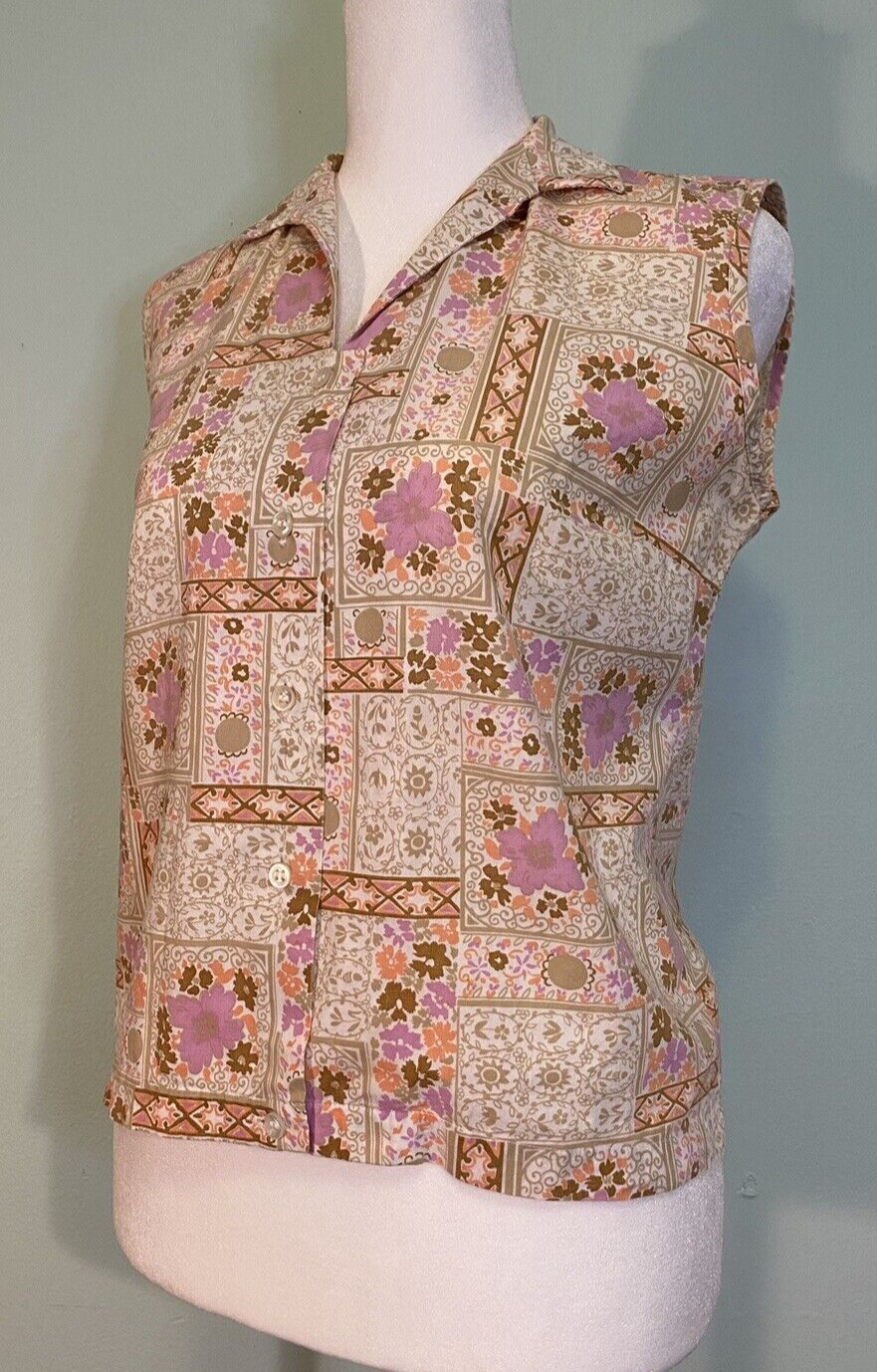 VTG 60s Sleeveless Button up Shirt by Shapely Classic Sherbet Floral Colors