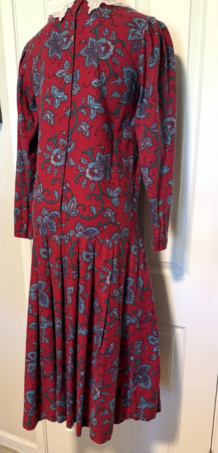 VTG 80’s LAURA ASHLEY DEEP PINK FLORAL W/ LACE COLLAR DROP WAIST DRESS SZ 10