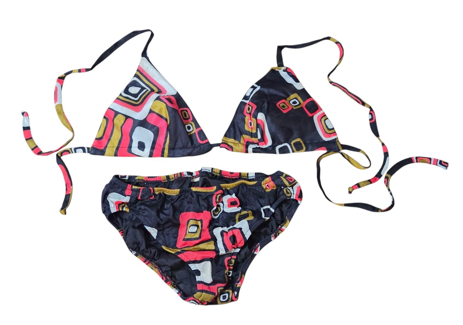 Vintage Miss Hawaii Mod Geometric Triangle Bikini Set Black Pink 60s 70s Retro