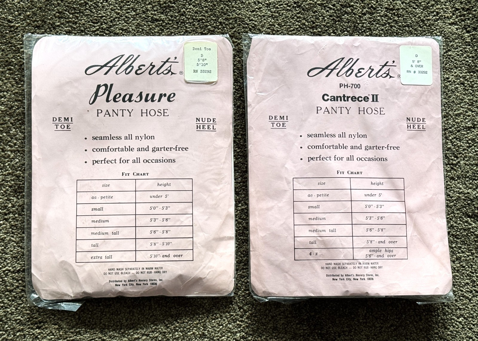 2 Pairs Vintage Albert’s Seamless Panty Hose – NEW – Size D – Tall 5’8″+