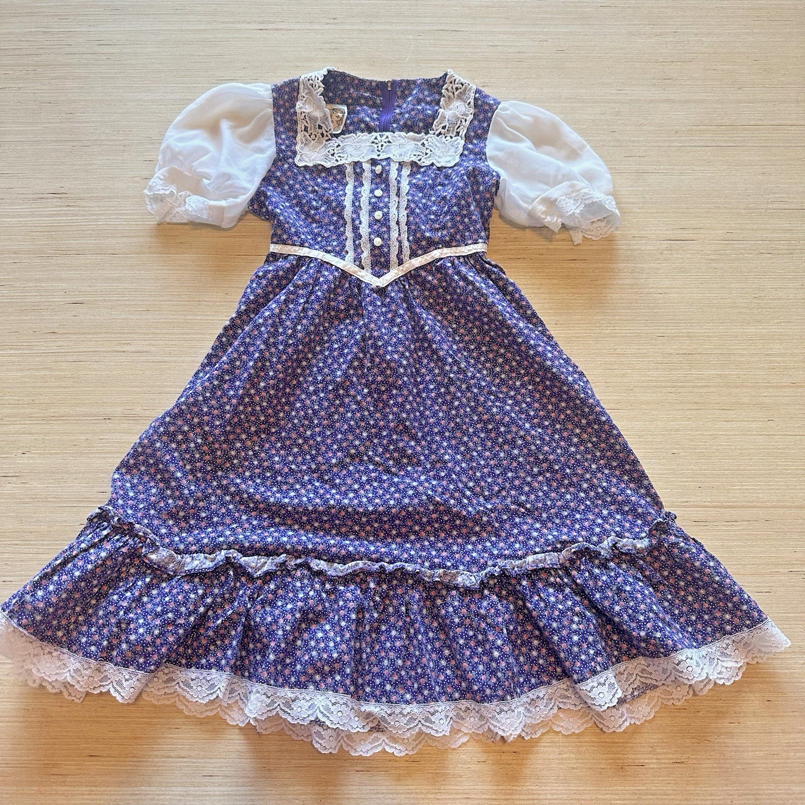 Gunne Sax By Jessica Prairie Vtg Girls Dress Purple Floral White Lace Trim 70’s