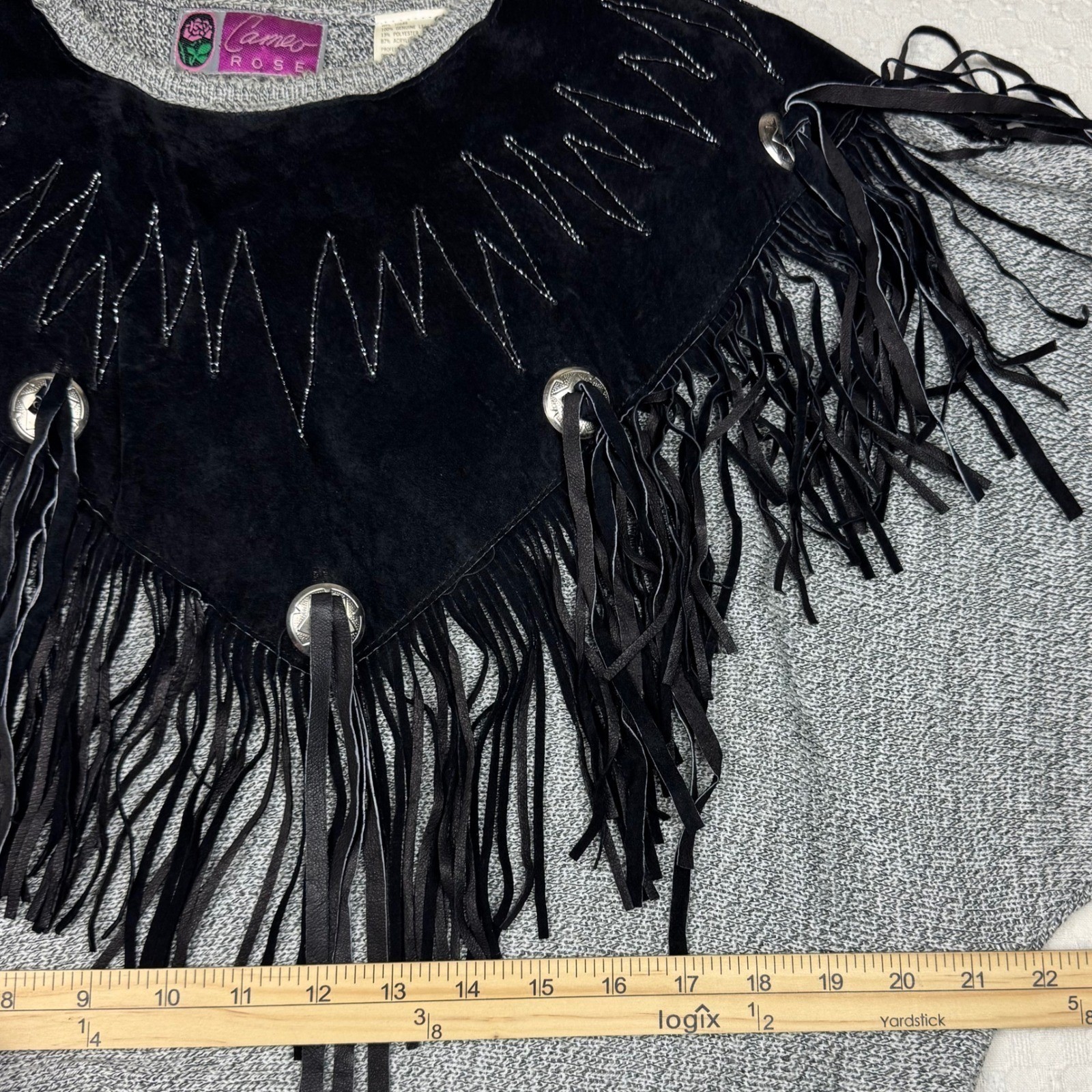 Vintage Western Leather Fringe Knit Sweater Cameo Rose Women L Concho Boho Rodeo