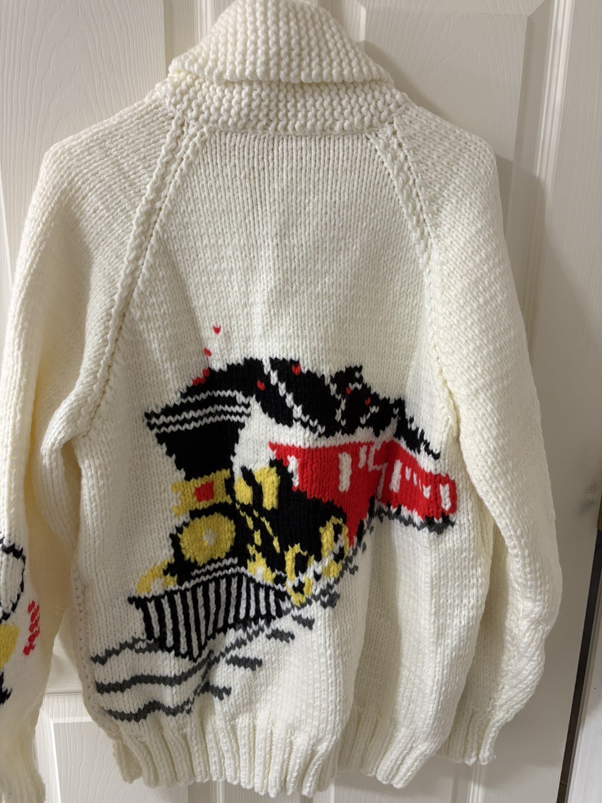 Hand crafted train theme Knit Wool Sweater Curling Stone Zip Cardigan, Size L