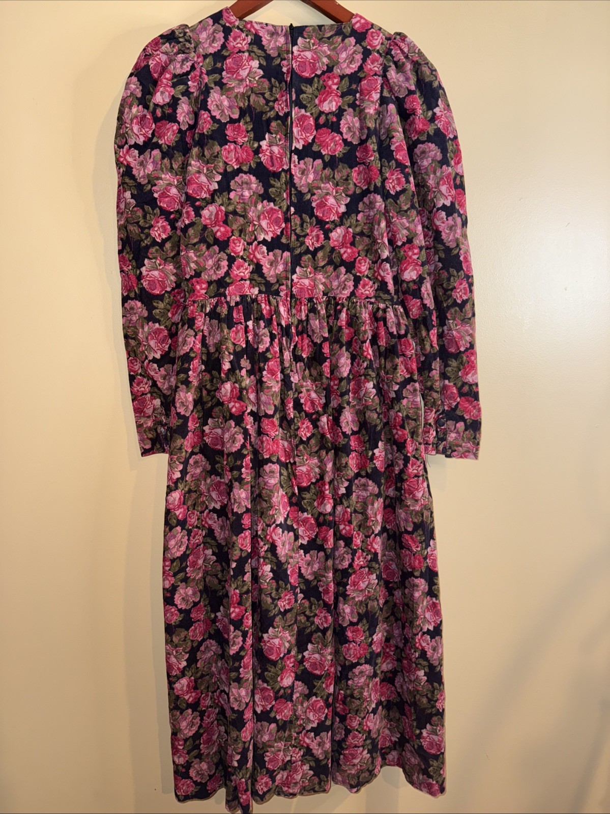 Vtg 80’s Laura Ashley Corduroy Pink Roses Dress Sz 6 Long Puff Sleeves Prairie