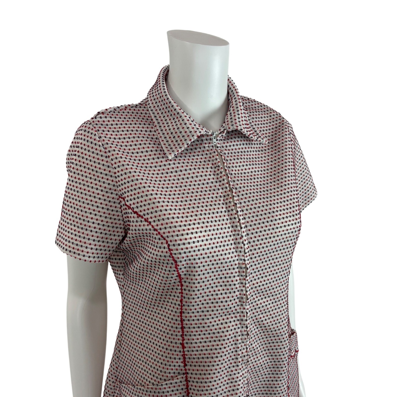 Vintage 70s Waitress Top Women’s Large Dotted Red Blue Textured Hip Pockets Zip