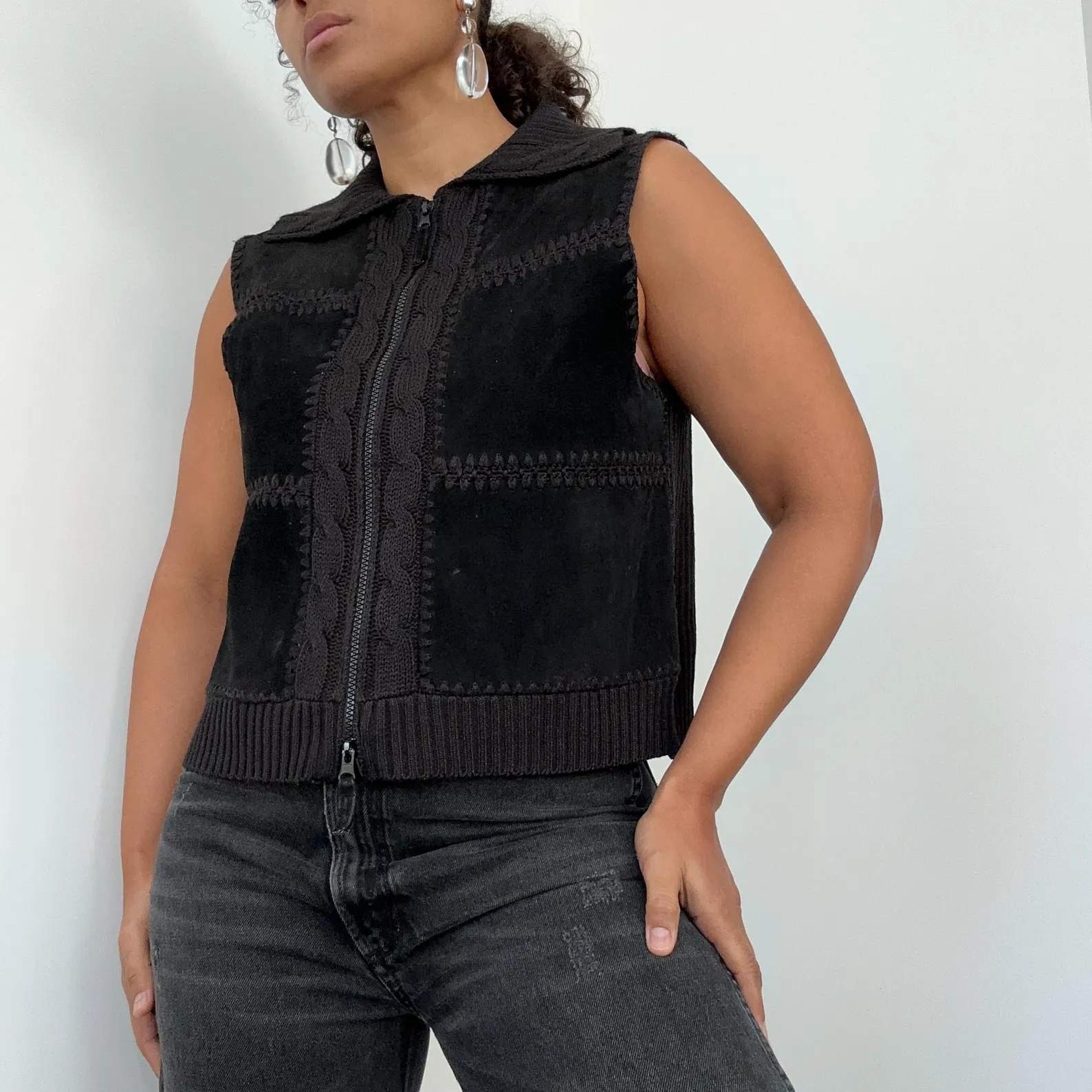 vintage Y2K faux leather patchwork moto biker goth sweater zipper vest M