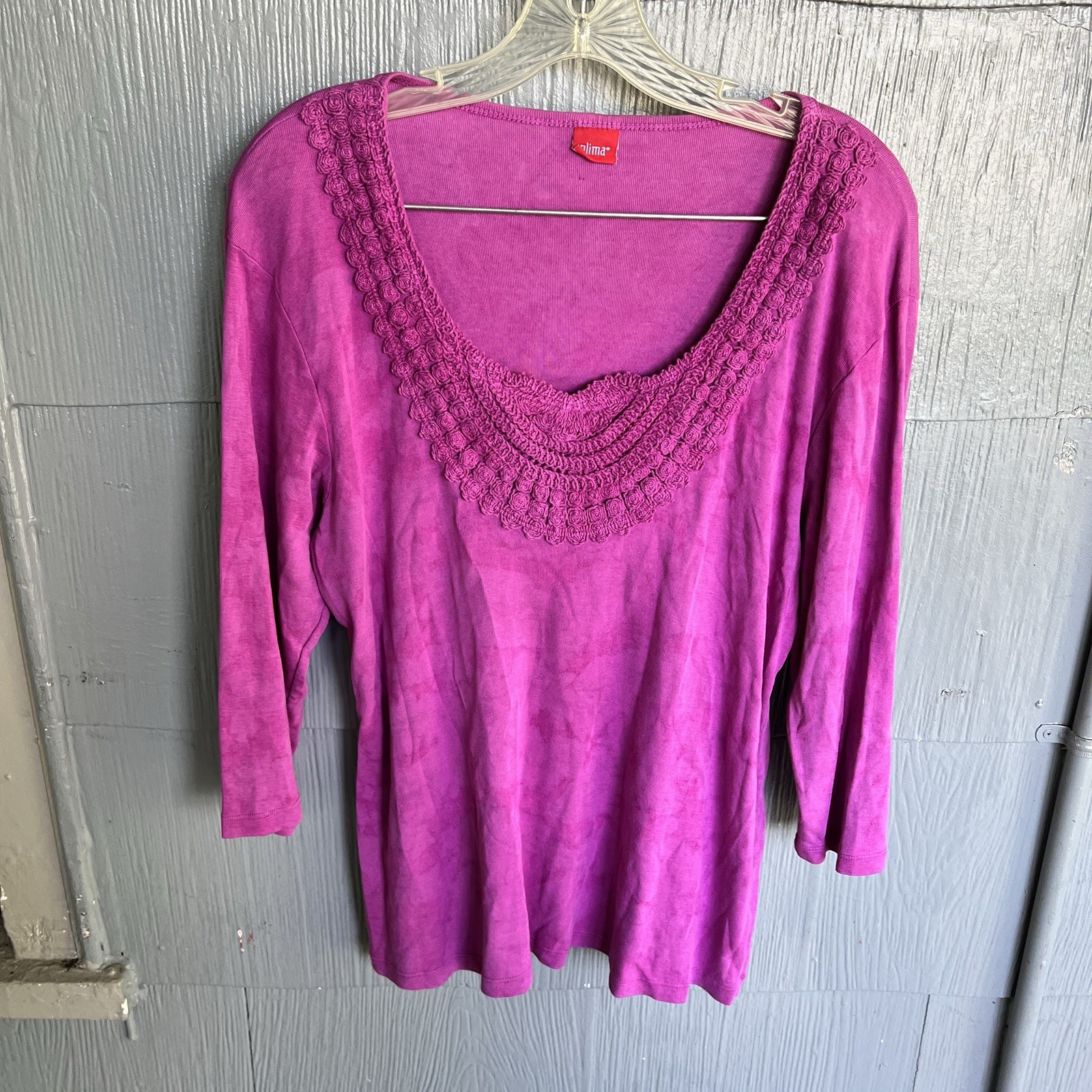 Vintage Y2K Glima Top Women’s XL Pink Tie Dye Floral Crochet 3/4 Sleeve Cotton