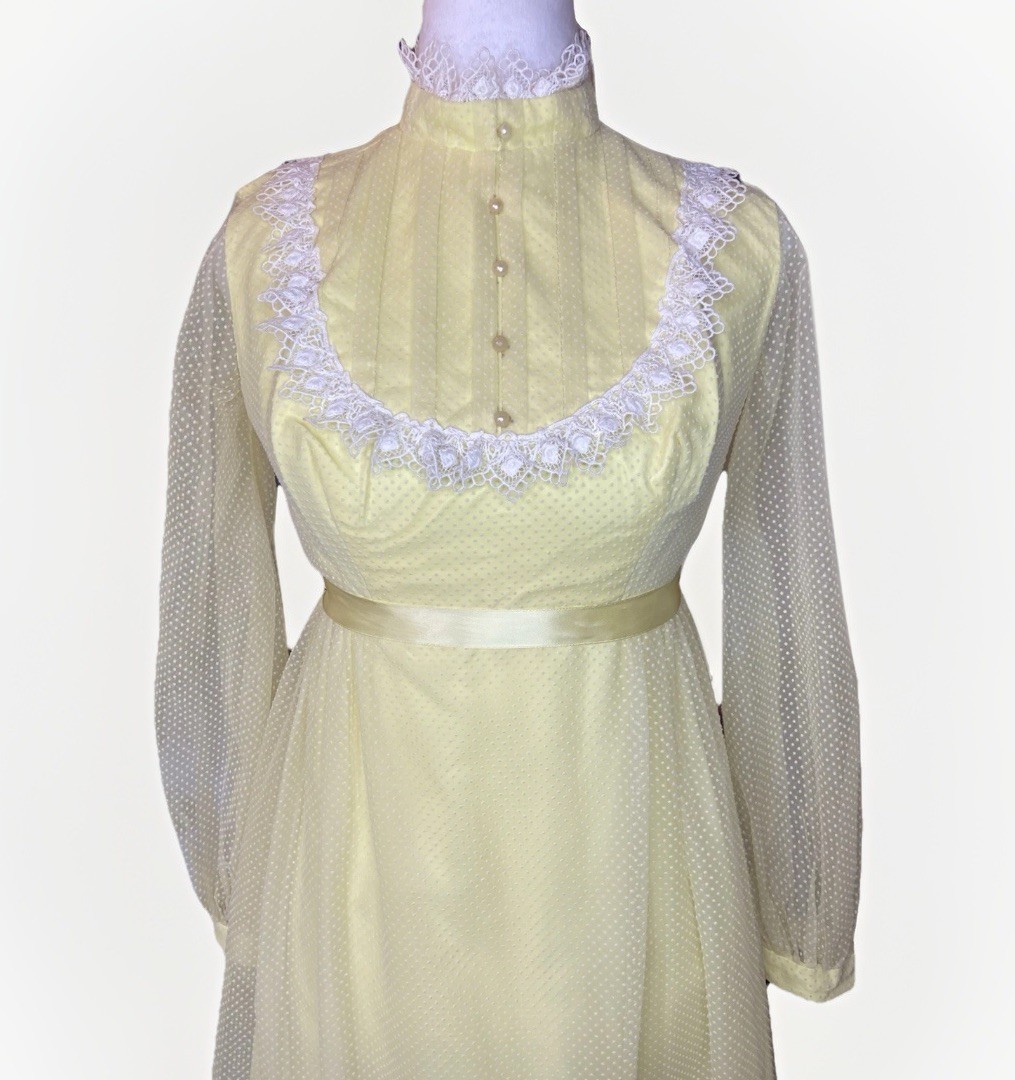 Vtg 70s Yellow Swiss Dot Prairie Dress Victorian Revival Empire Waist Small