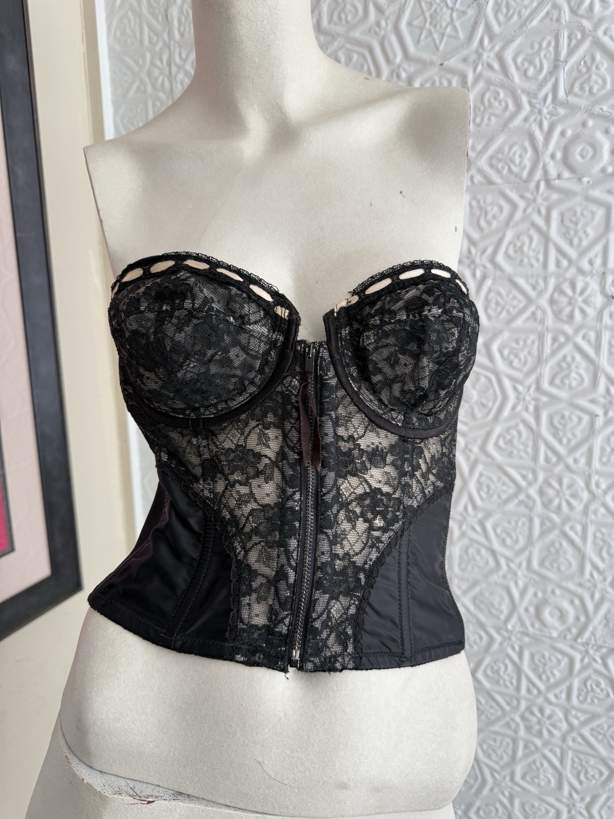 vintage Lady Marlene Corset Bra Top Strapless Bustier lace 1950s Black 34 B