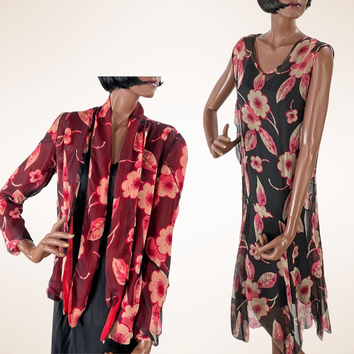 20s Chiffon Dress & Jacket Set Art Deco Floral Print Antique Outfit