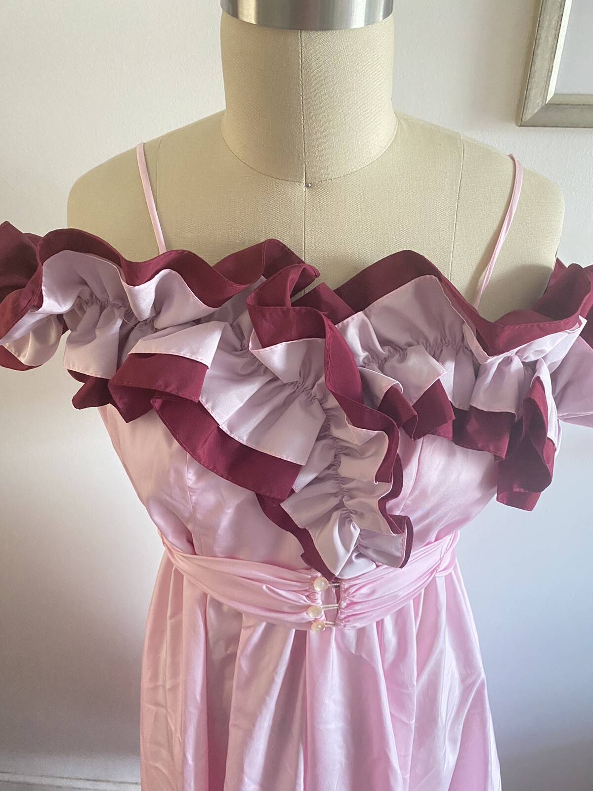JC Penney Dress Light Pink, Deep Burgundy & Slip Southern Size 9/10 Ruffles Bows