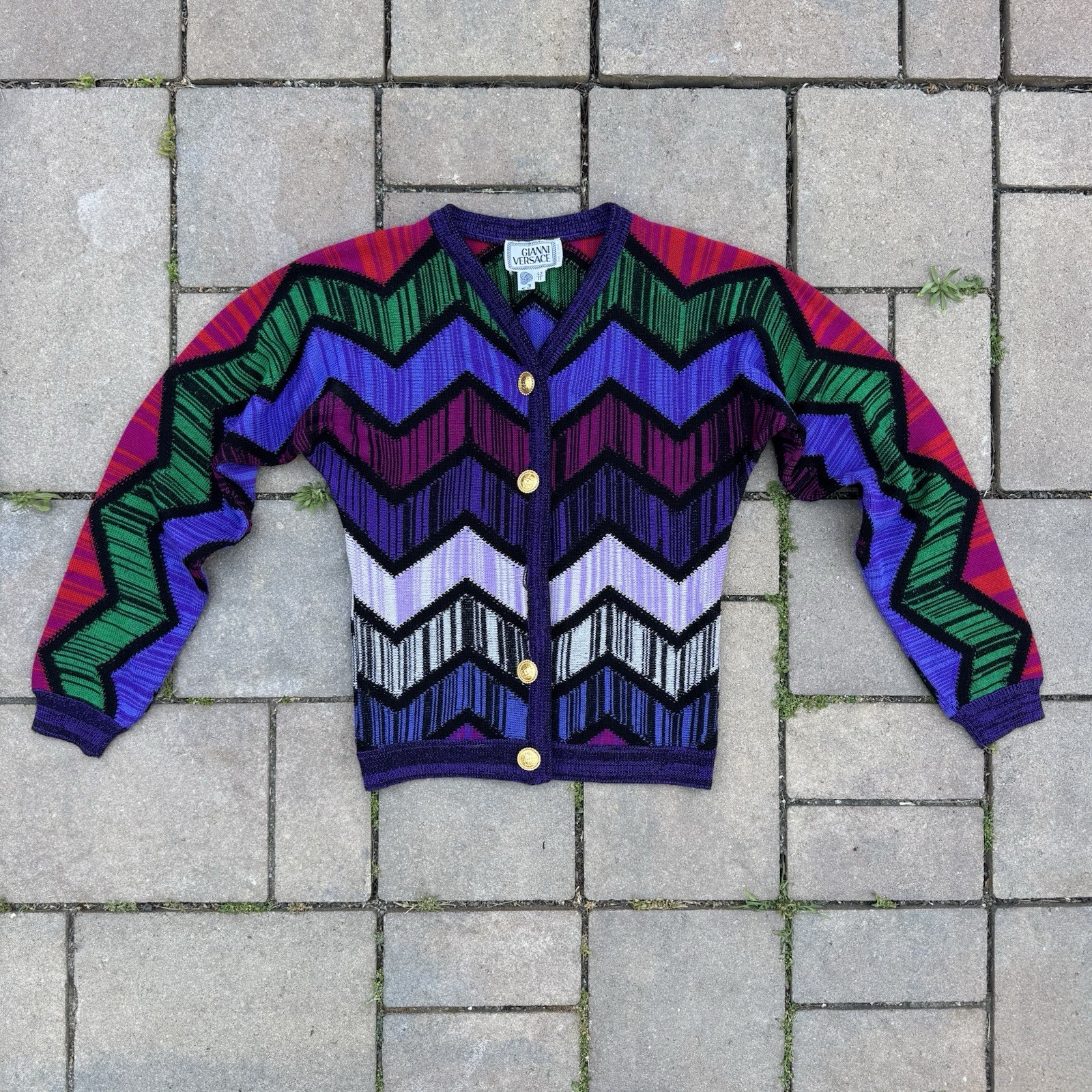 VTG 90s Gianni Versace Virgin Wool Cardigan Sweater Colorful Gold Buttons S READ