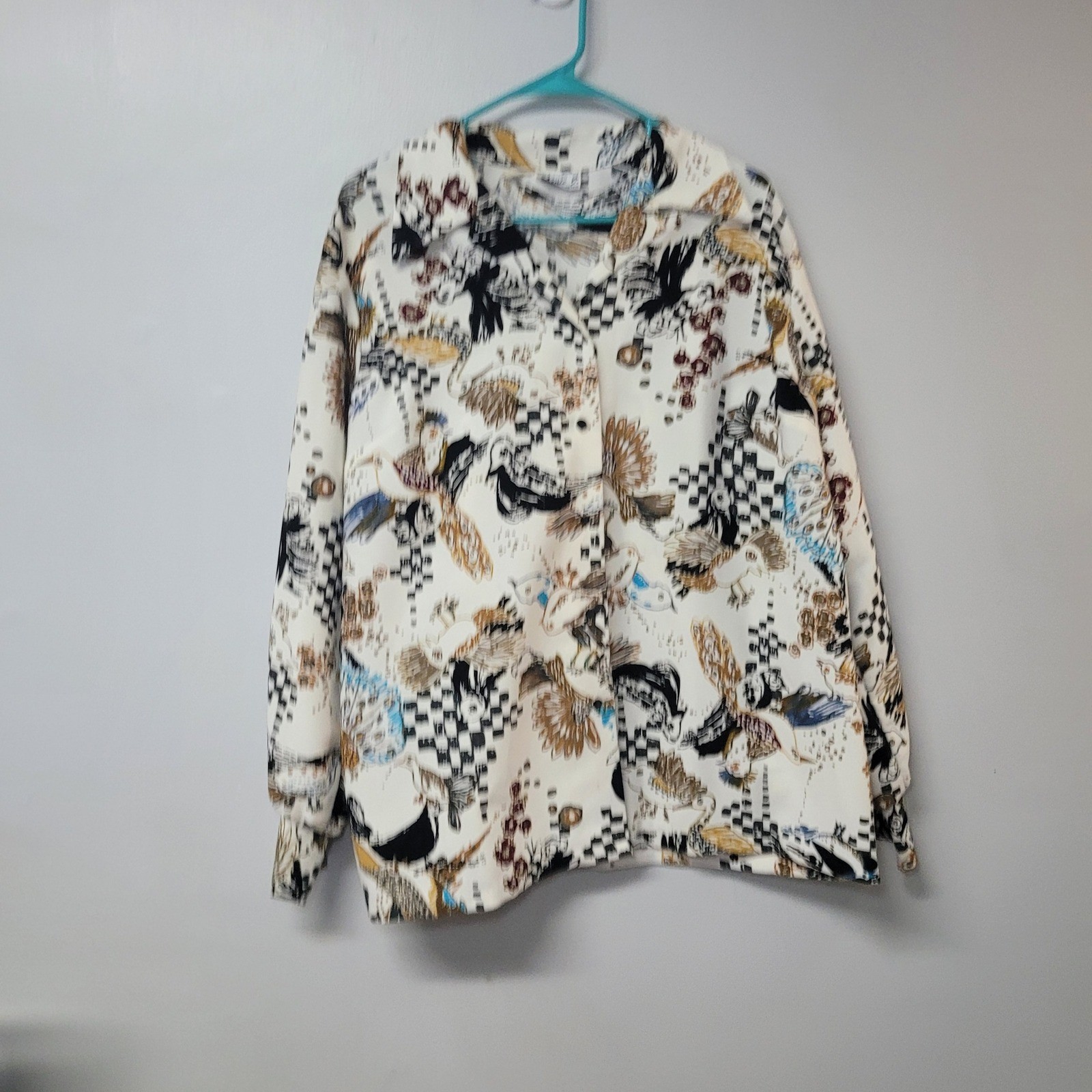 Lanie J Vintage Bird Checkerboard Print Button Up Blouse White Multi 70s Retro