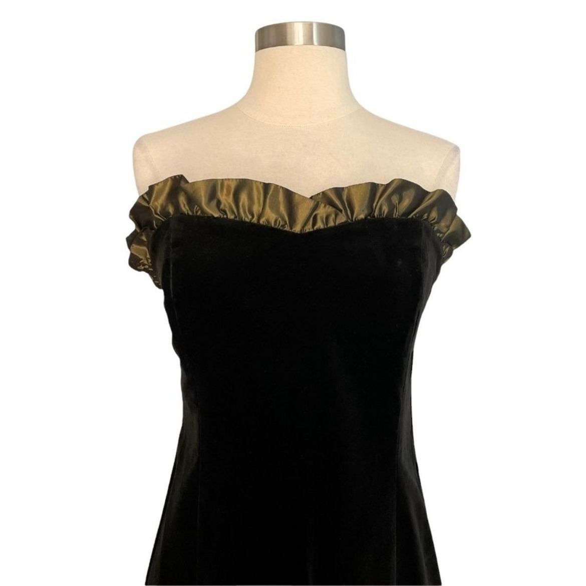 Vintage 90s Laura Ashley Black Velvet Gown Dress w/Olive Green Ruffle Trim S