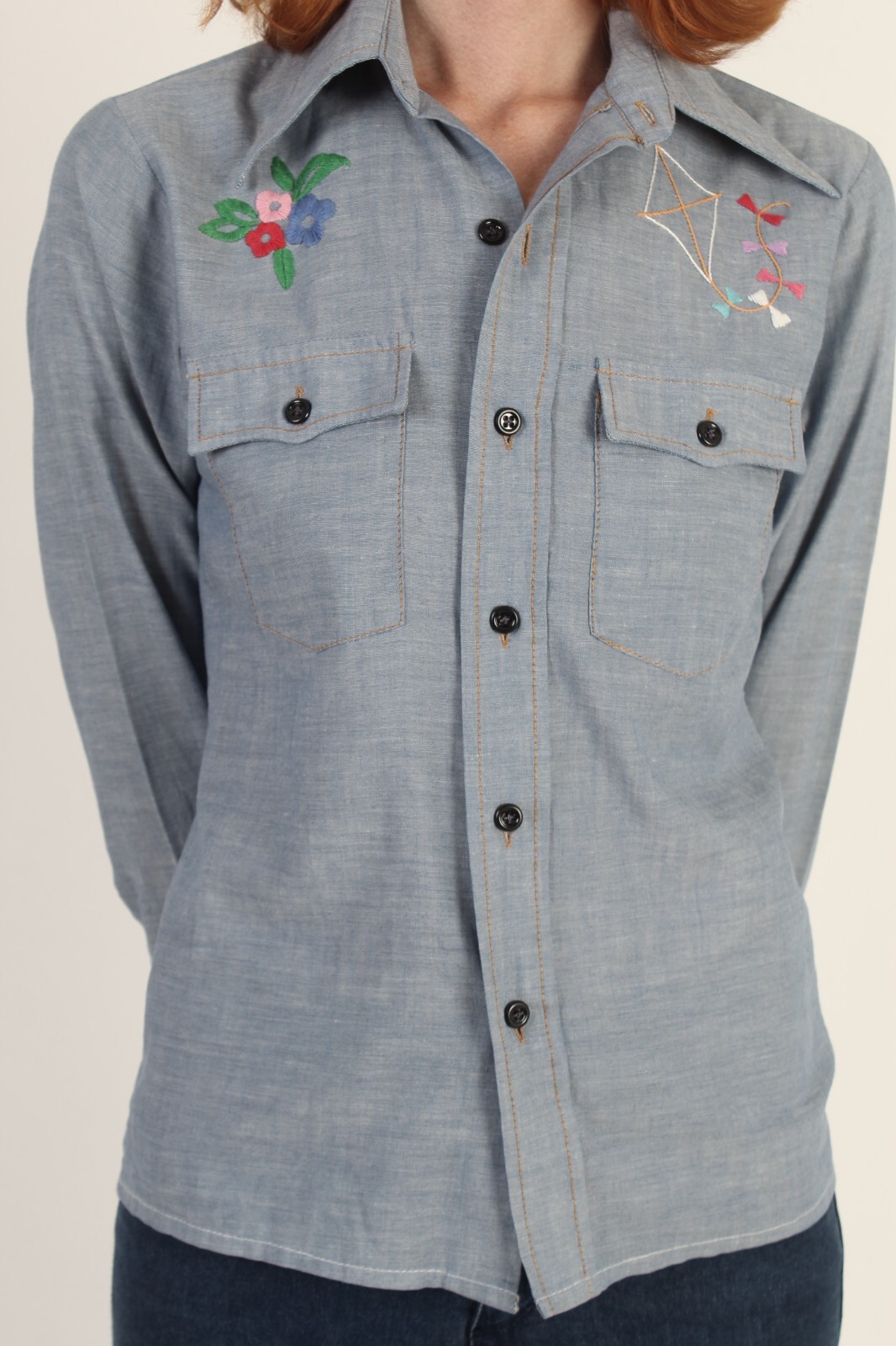 Vtg 70s Wrangler Chambray Shirt Hand Embroidered Hippie Button Up Work Blouse S
