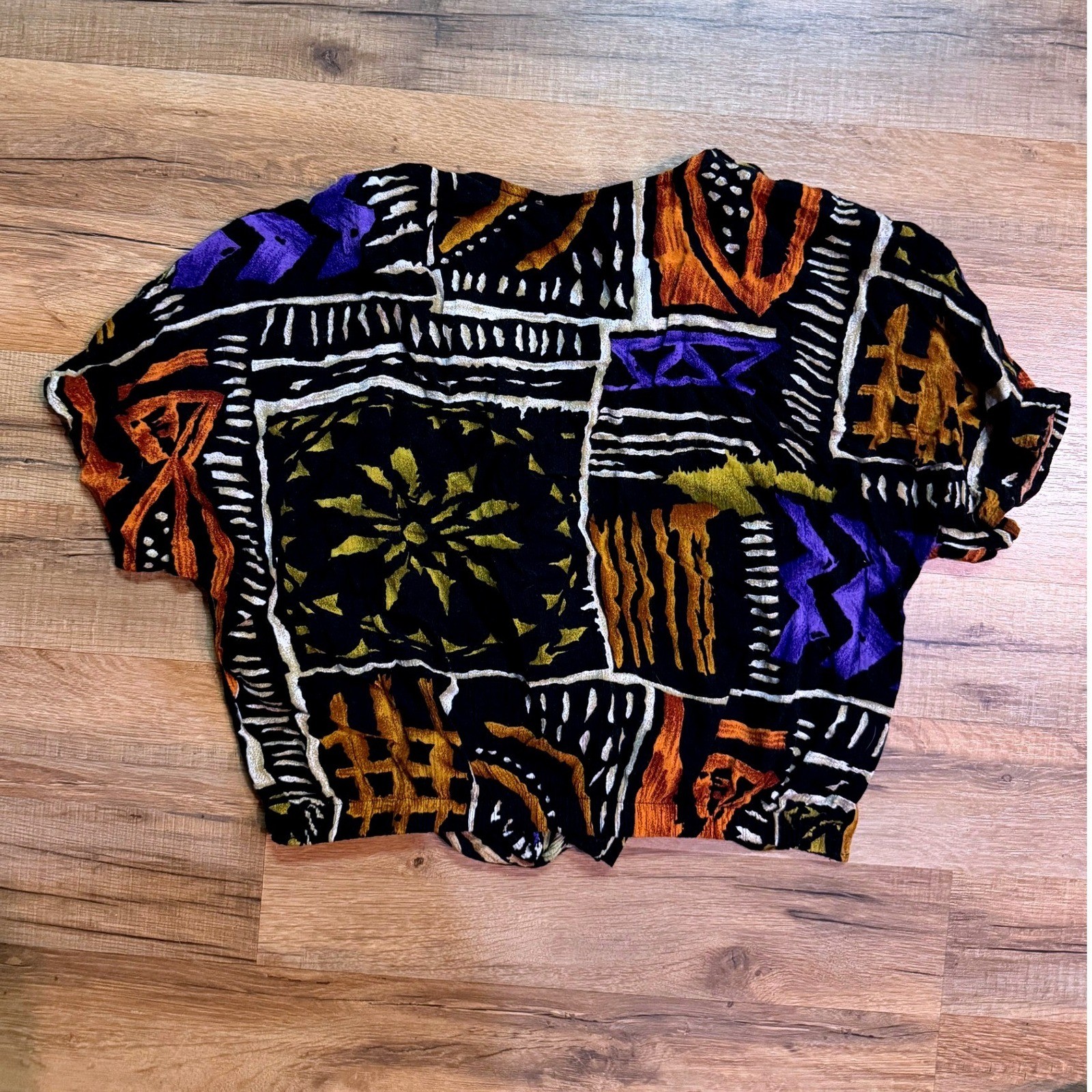 Options Melrose Top Black Abstract Print Vintage Boho Button Front Tie 90’s Y2K