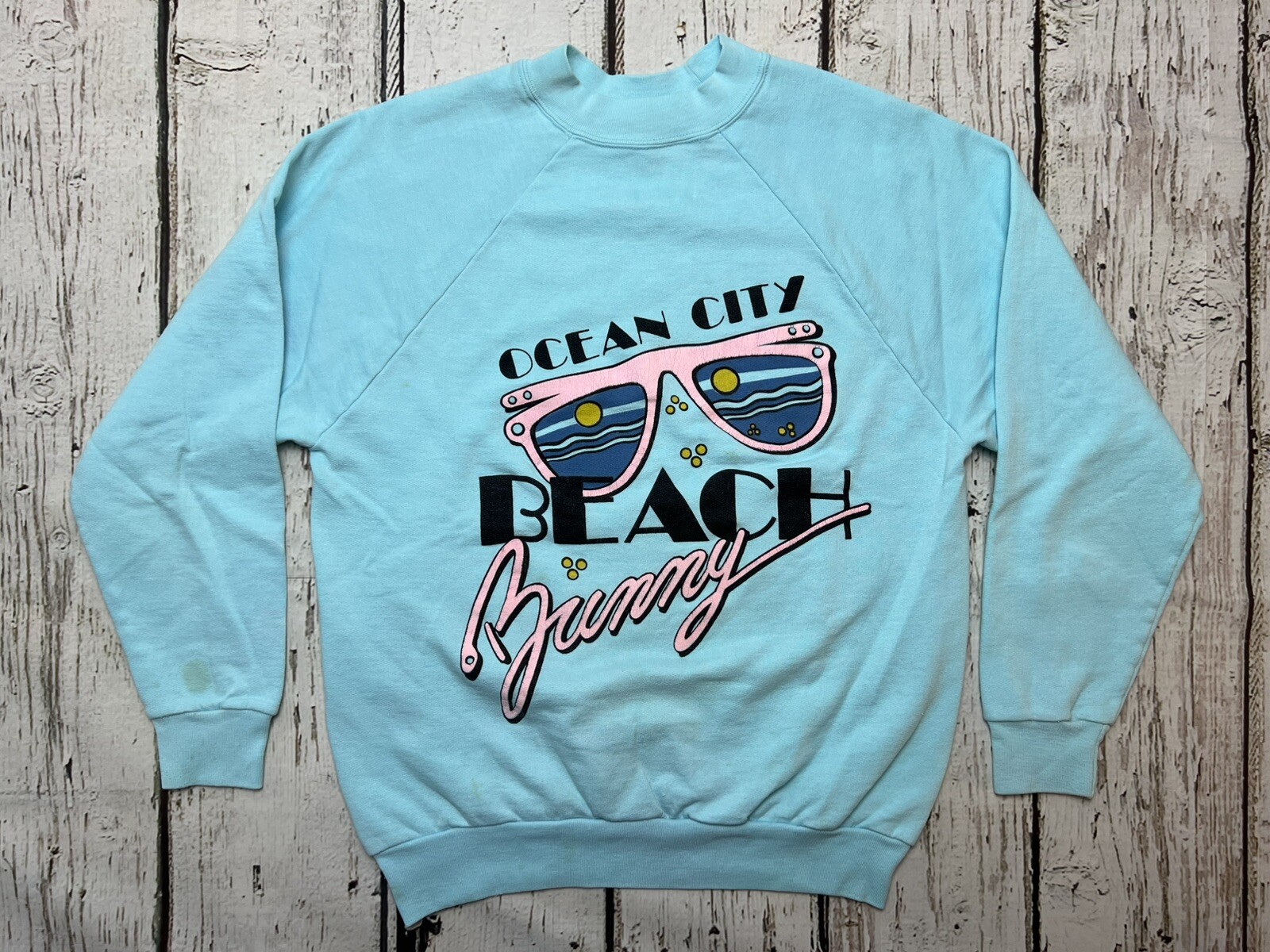 VTG Ocean City Beach Bunny Sunglasses 80’s Teal STAINED Crewneck Sweatshirt – M