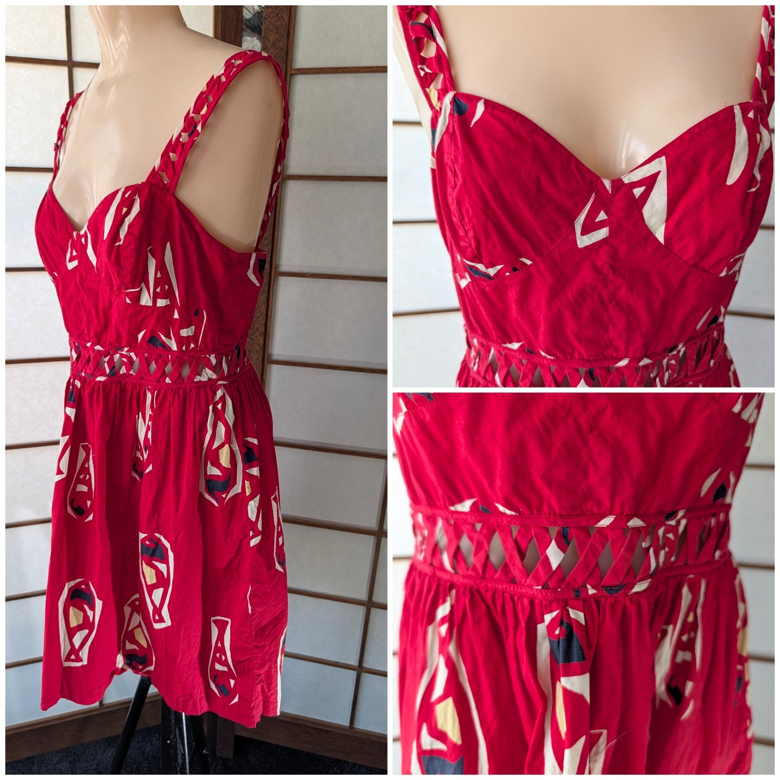 Vintage Red Mini Sundress Shaheen Style Peek-a-boo Waist Hawaiian Tribal Sz M