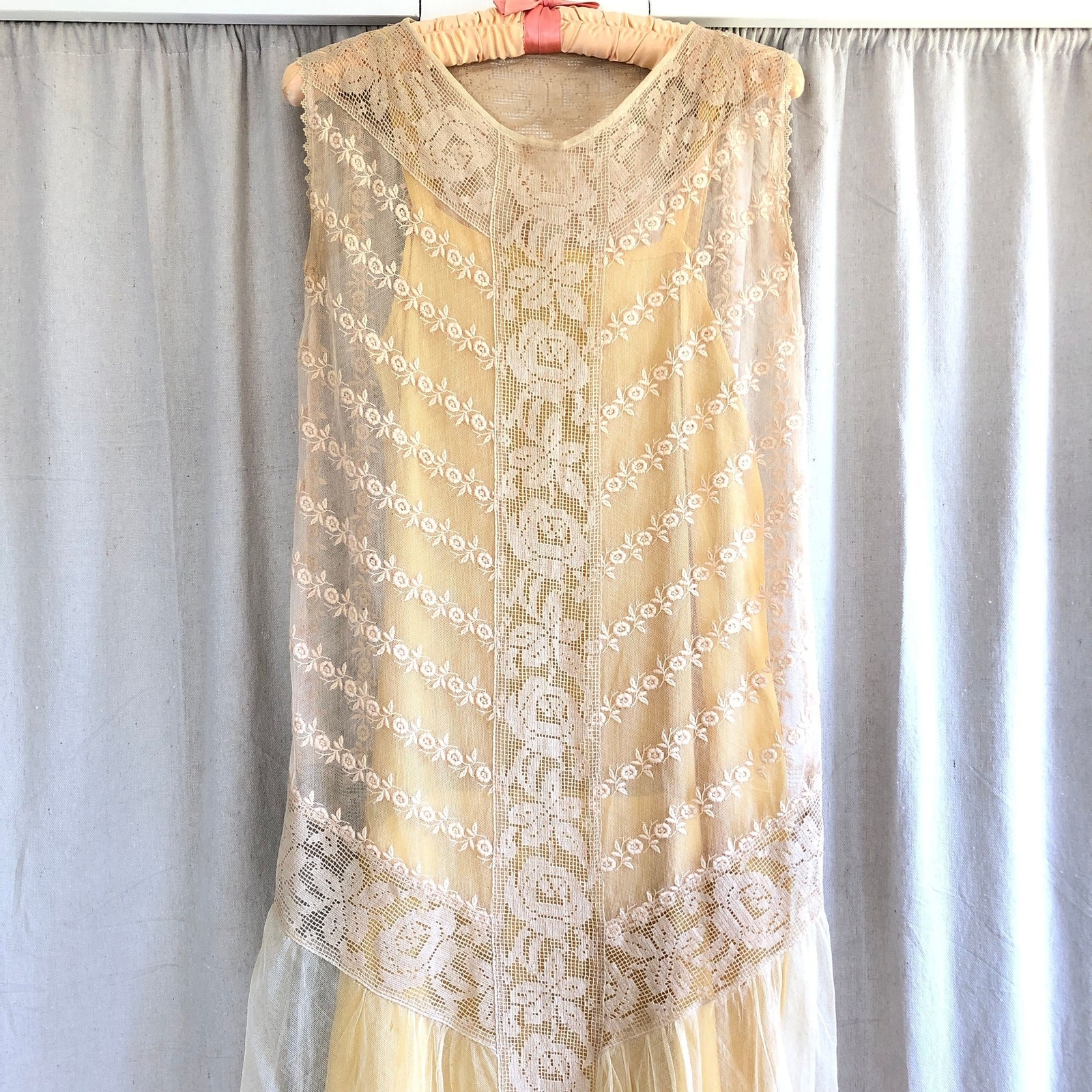 Vintage 1920s Sheer Mesh Net Crochet Drop Waist Dress + Silk Slip Coquette
