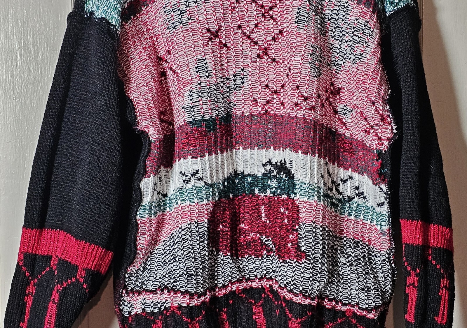 VTG SPUNKY Ugly Sweater Women L Black Red Metallic Whimsygoth White Spooky Cat