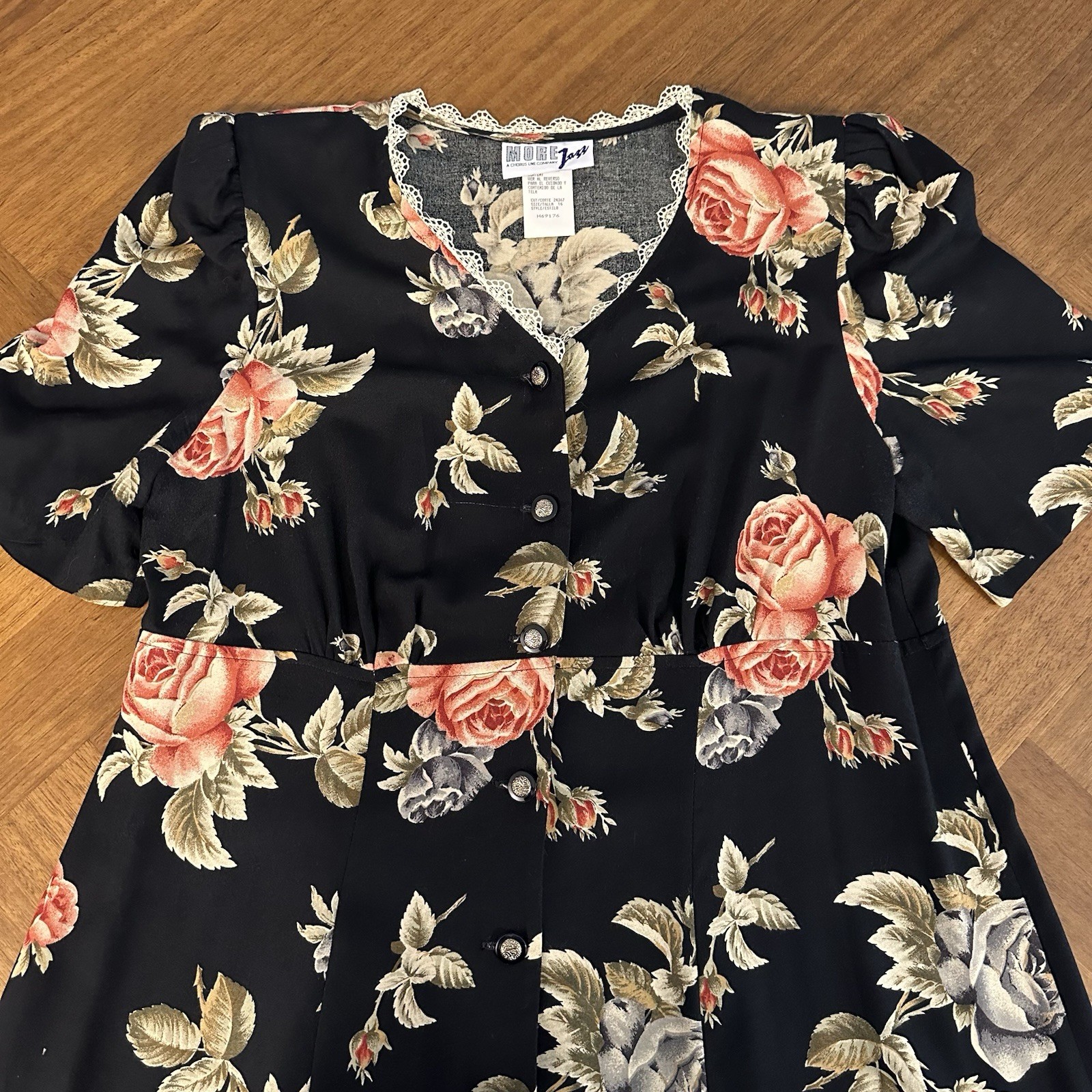 Vintage 90s More Jazz A Chorus Line Black Floral Dress Cottagecore Womens Sz 16