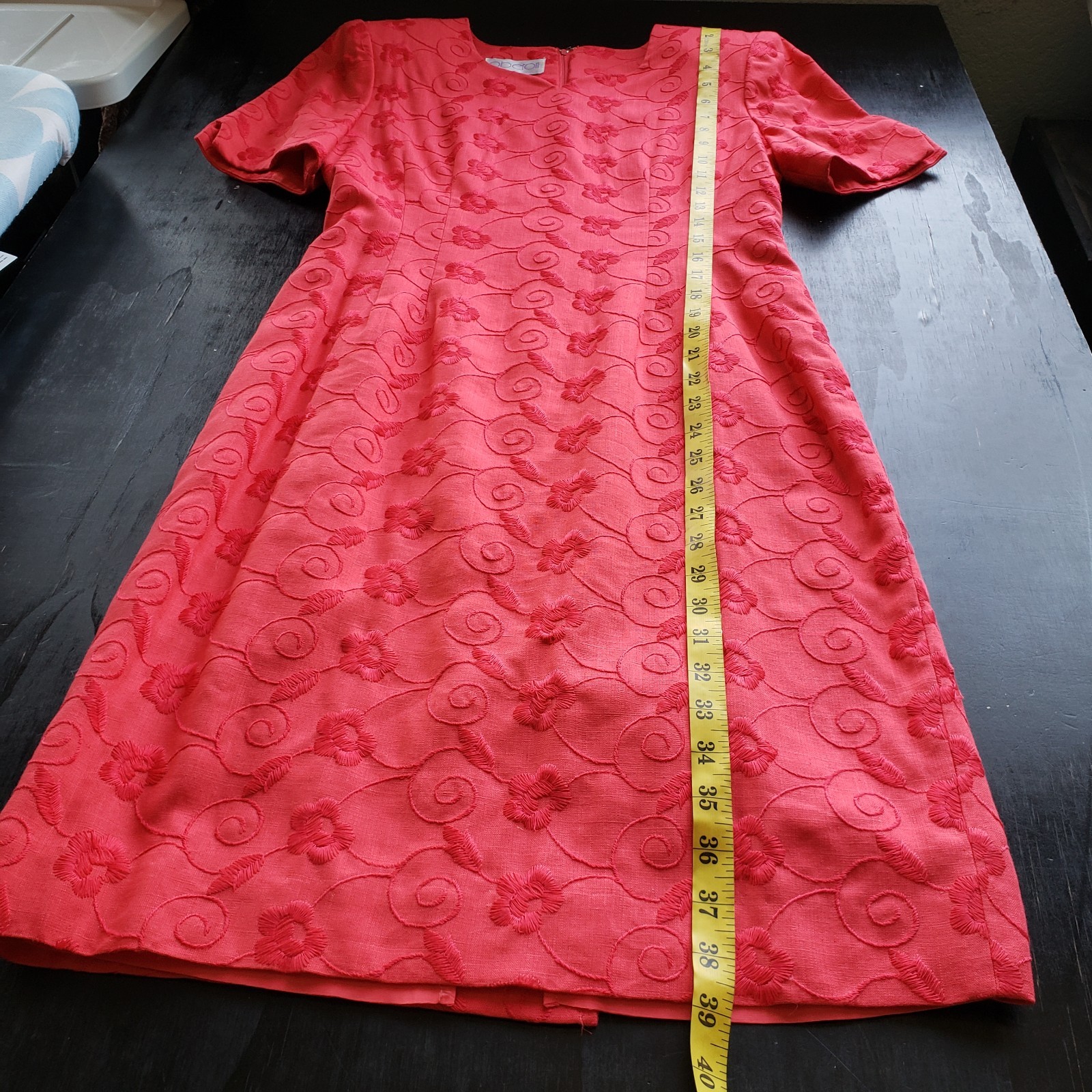 Oberon Dress 6 Embroidered Linen Blend Sheath Poppy Red Short Sleeve Knee Length