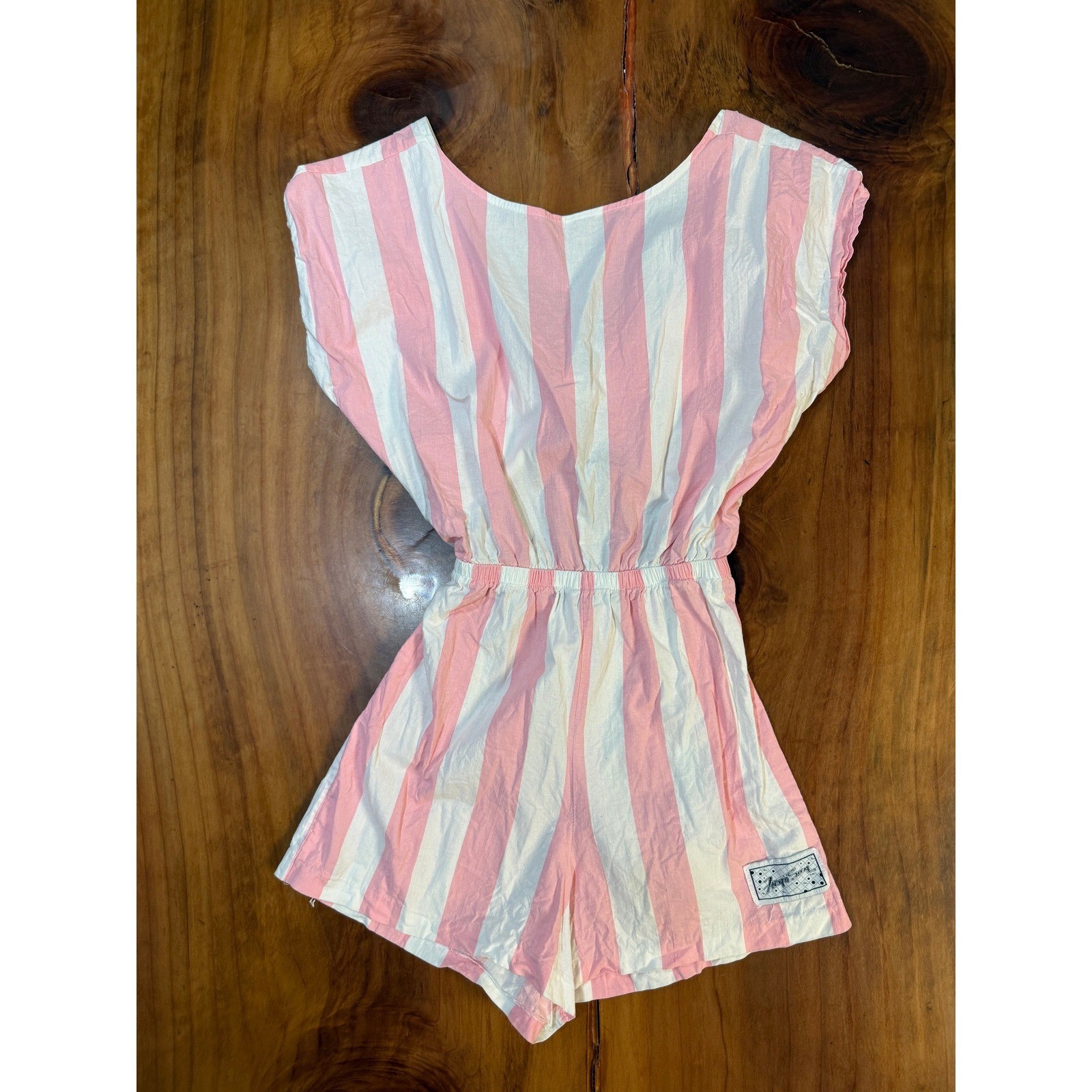 Vintage 80s 90’s Fun N Sun Women’s Romper L Candy Stripe Open Back Cotton v3-5