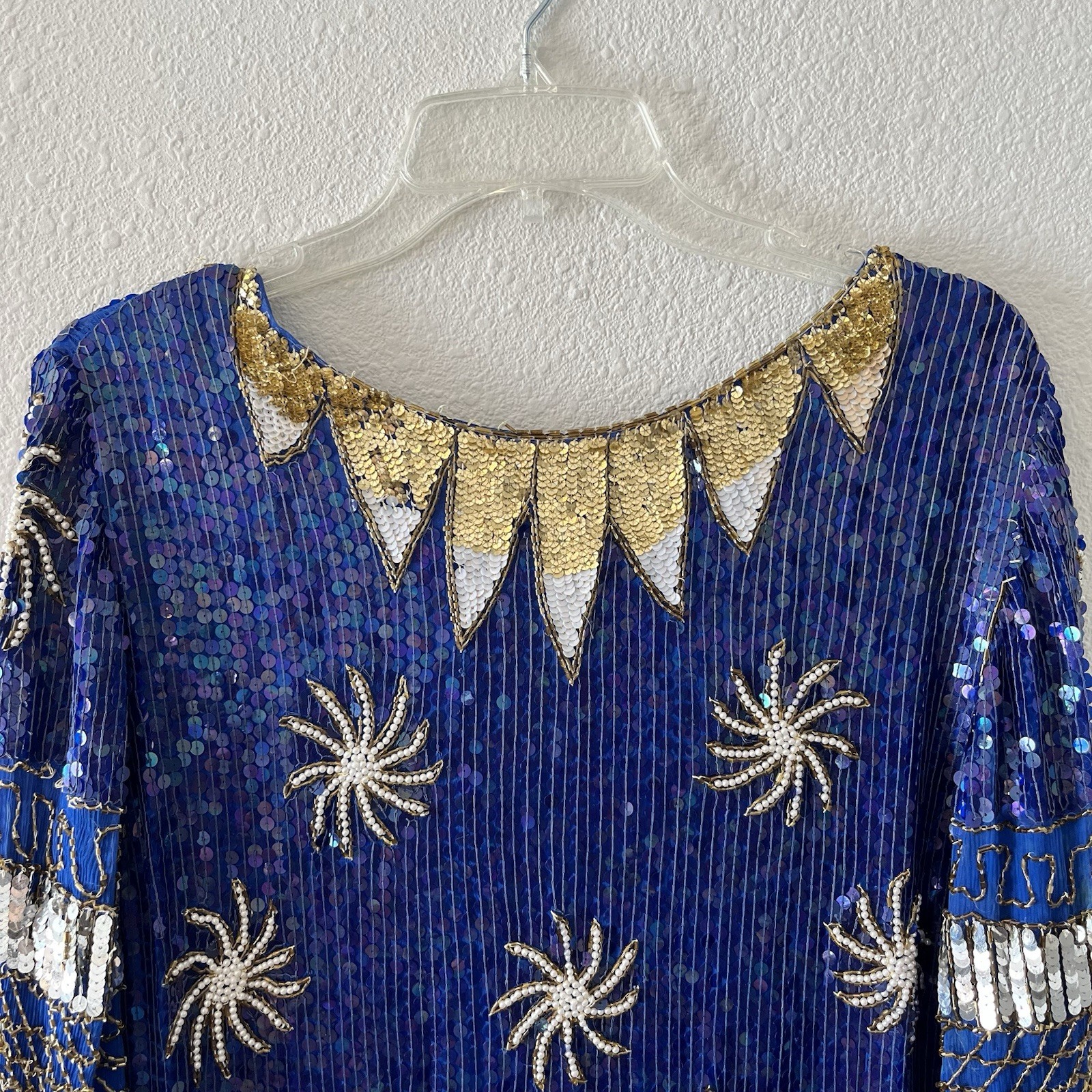 Vintage 80’s Chanson D’Amour Womens Flapper Dress 100% Silk Sequin Beaded Blue