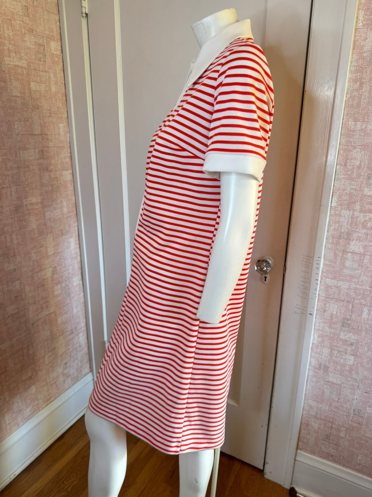 Vtg Red & White Knit Short Sleeve Collared Zipper Front Twiggy Mod Dress sz L
