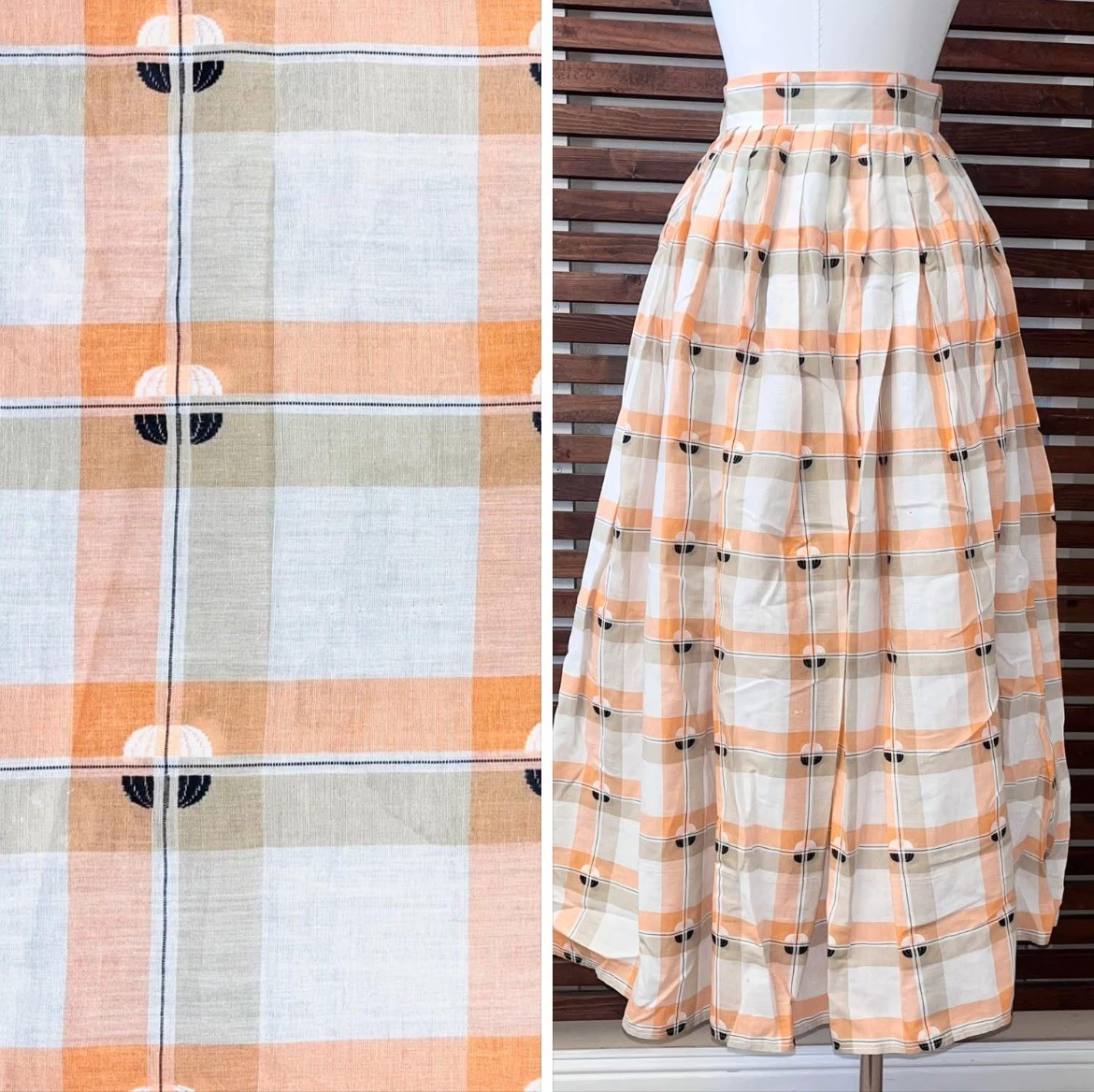 1950s Vintage White Orange Black Plaid High Waist Rockabilly VLV Circle Skirt