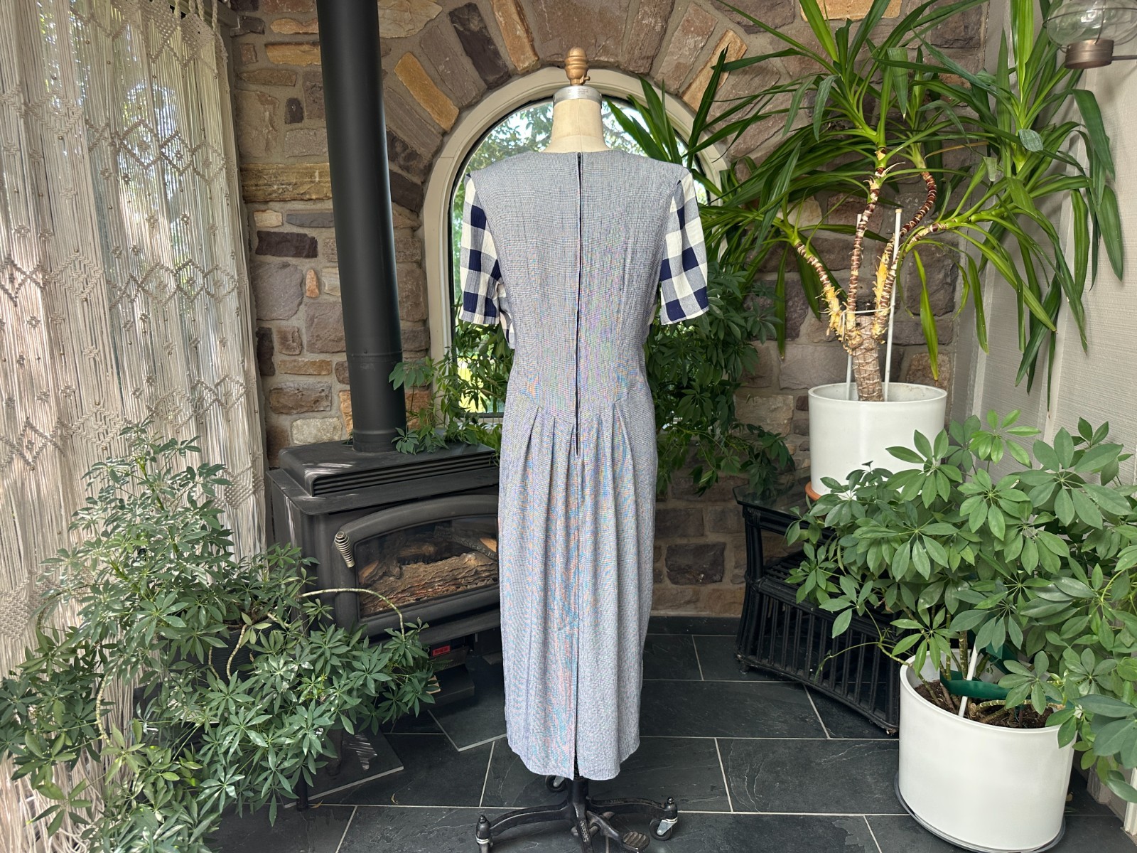 Vintage 1990s Blue and White Check Midi Dress TR Bentley