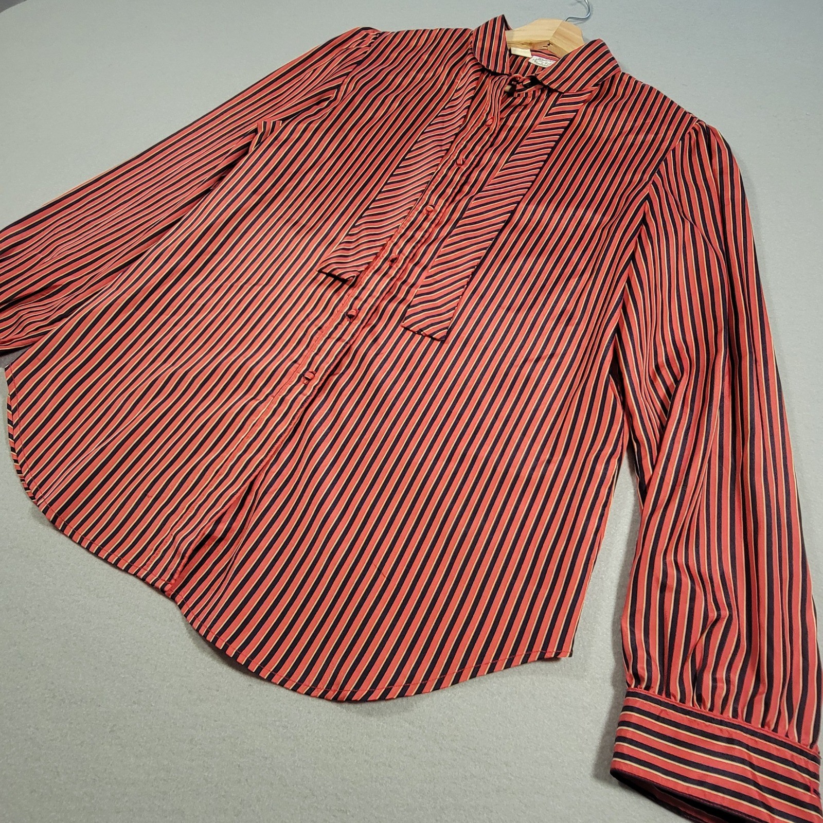 Vintage 80s The Villager Striped Blouse Button Up With Neck Tie Size Large