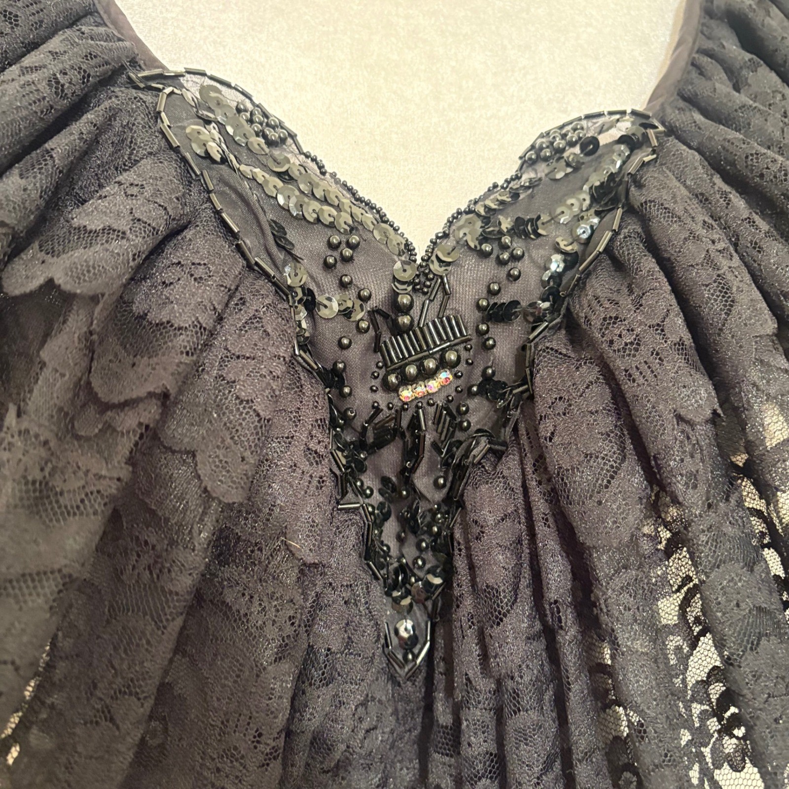 Vintage 80s Black Lace Ruffle Off Shoulder Beaded Bodycon Dress Whimsigoth Sz S