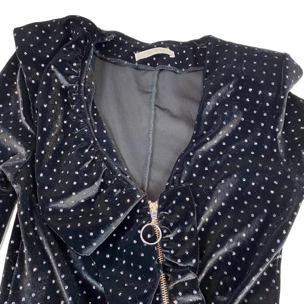 Zara Trafaluc Velvet Ruffle Zip Black Glitter Dot Bloggers Favorite Dress Small
