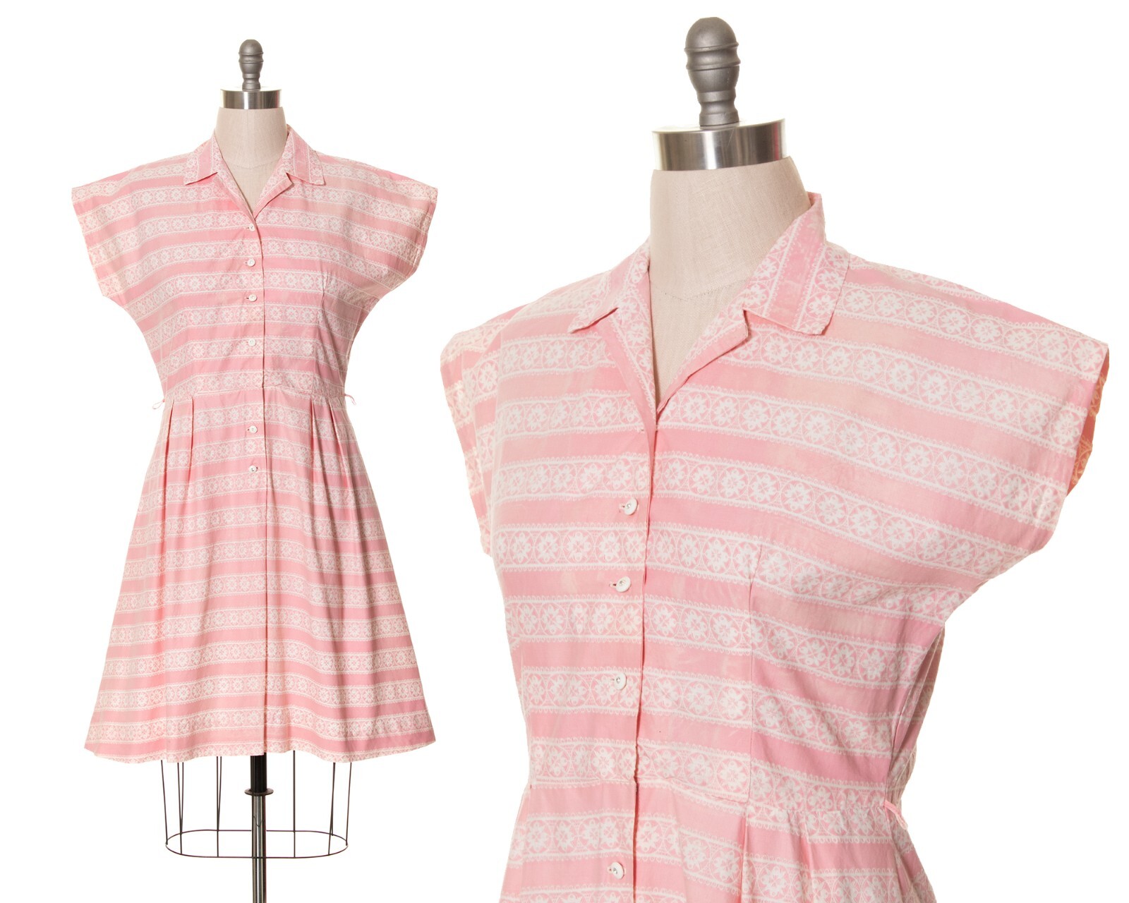 Vintage 1940s 1950s Pink Striped Floral Cotton Shirtwaist Shirt Day Dress Large