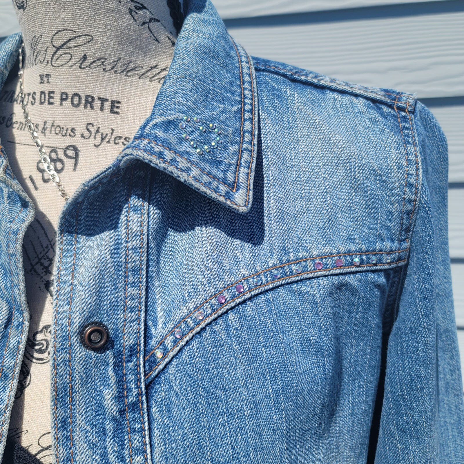 Vintage Y2K Upcycled Redone Custom Bling Gothic Cross Western Jean Jacket Medium