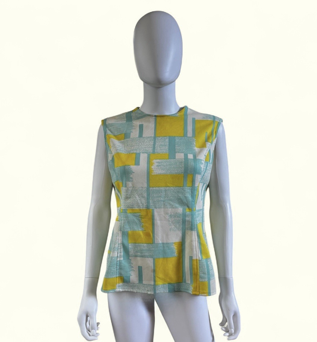 Vintage 50s Housewife polyester tank top size Medium teal yellow white