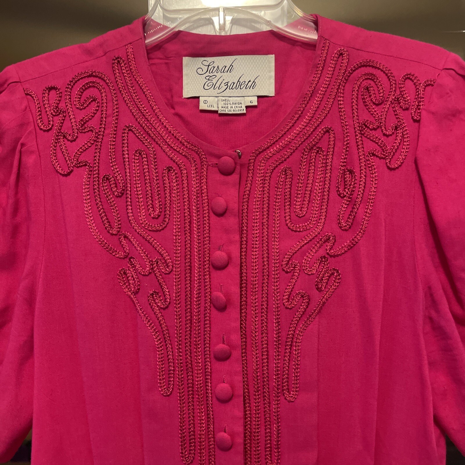 Vtg 6 Sarah Elizabeth Long Dress Pink Cord Detail Covered Buttons Pleated Skirt