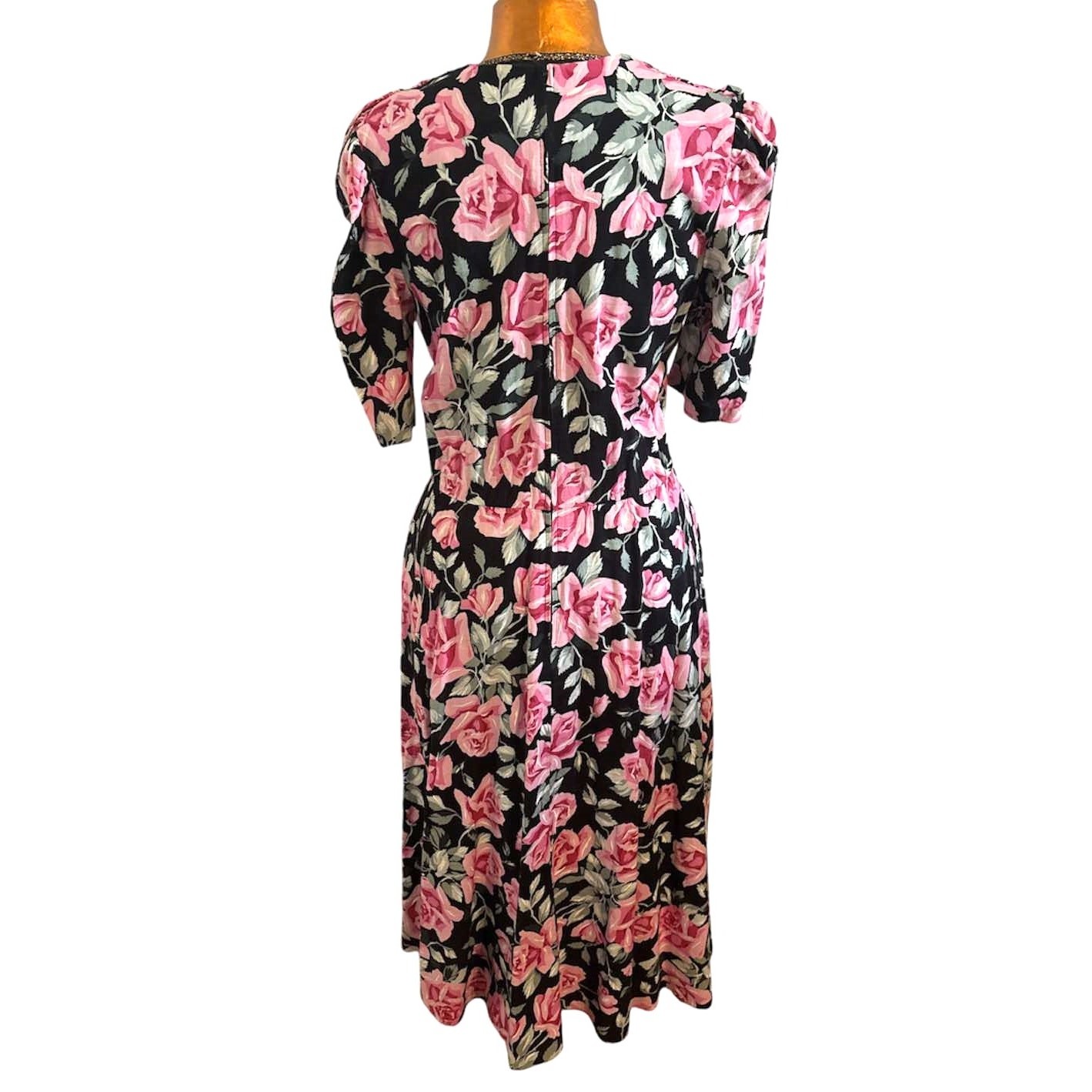 Vintage 1980s Tiona Barrie Pink Black Floral Dress Short Sleeves Size 12 Made US