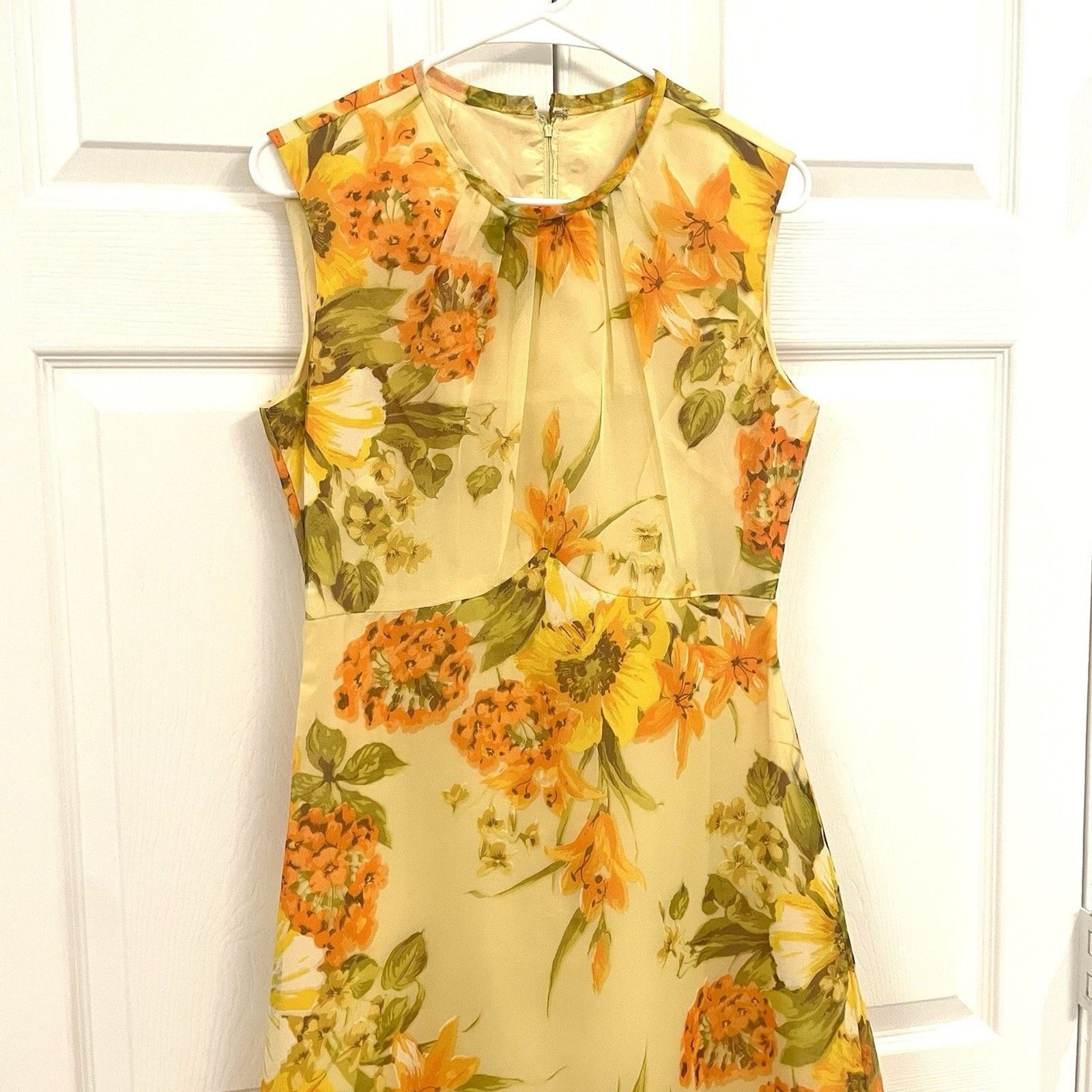 60s Vintage Yellow Floral Gown Sleeveless Maxi A-Line Dress Empire Waist Sz S/M
