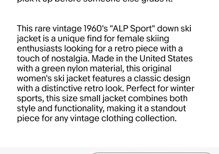 Rare Vtg 50’s, 60’s „ALP Sport” Down Ski Jacket Coat Women’s Skiing Small Green