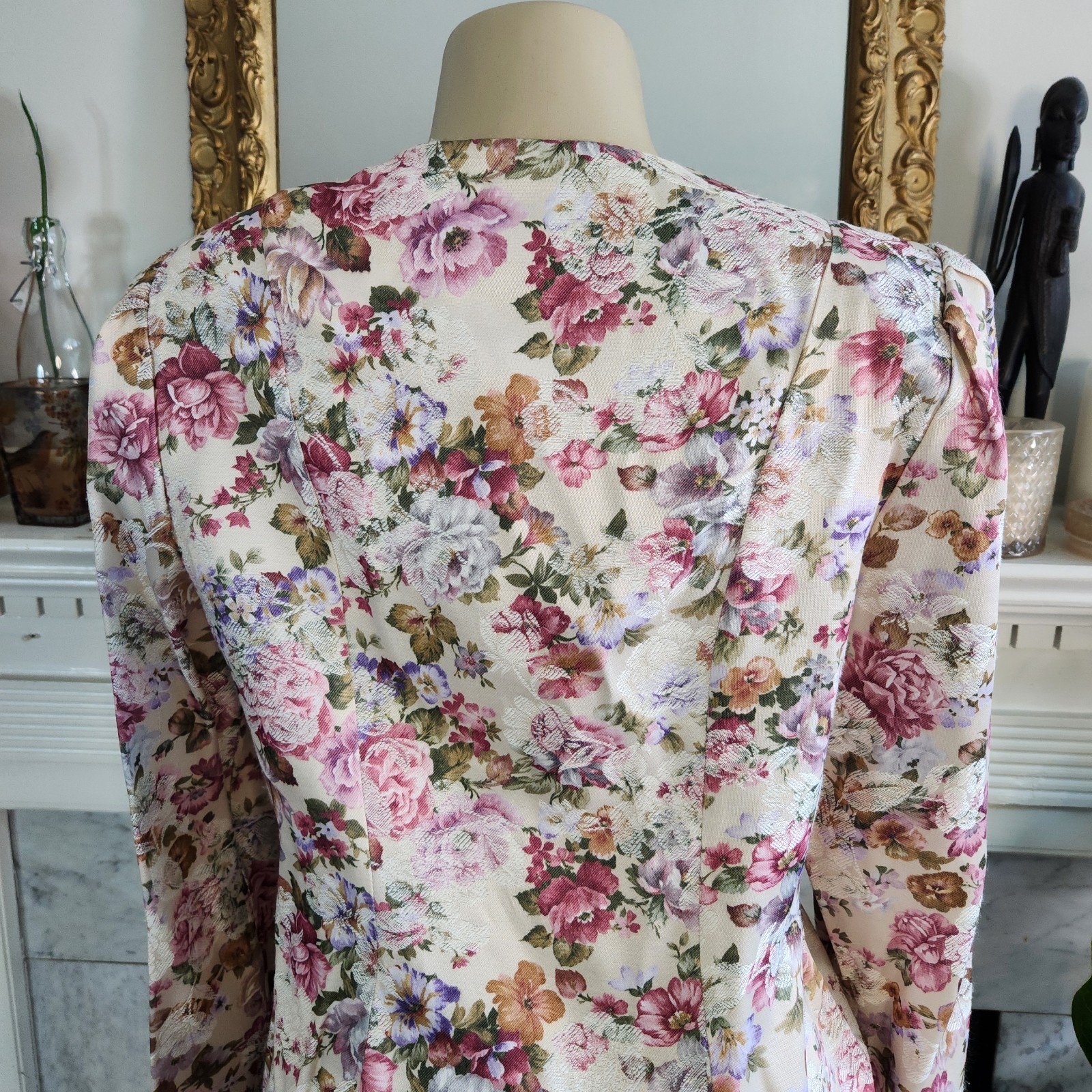 Vintage 80s Ivory Floral Blazer Lace Pink Fitted Cottagecore Romantic Size Large