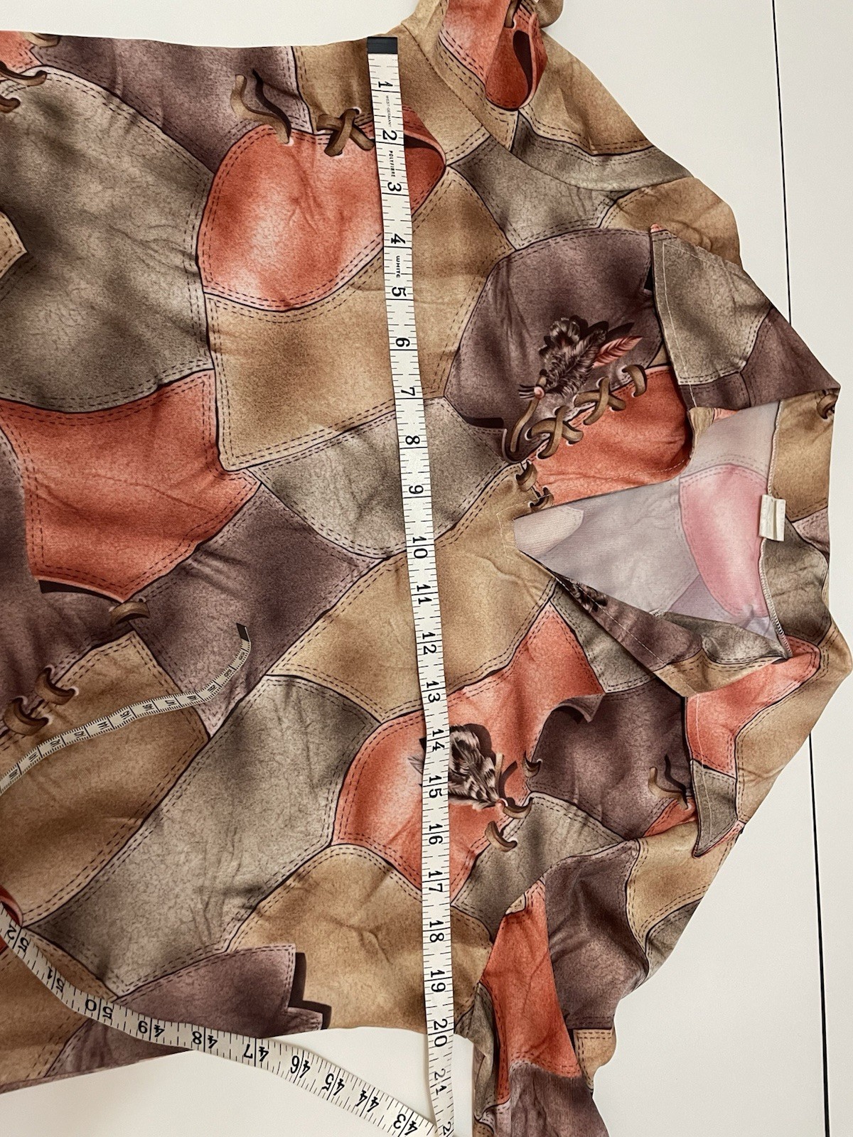 Vintage 1970s Whipstitch Leather Patchwork Feather Print Hippie Blouse Top Shirt