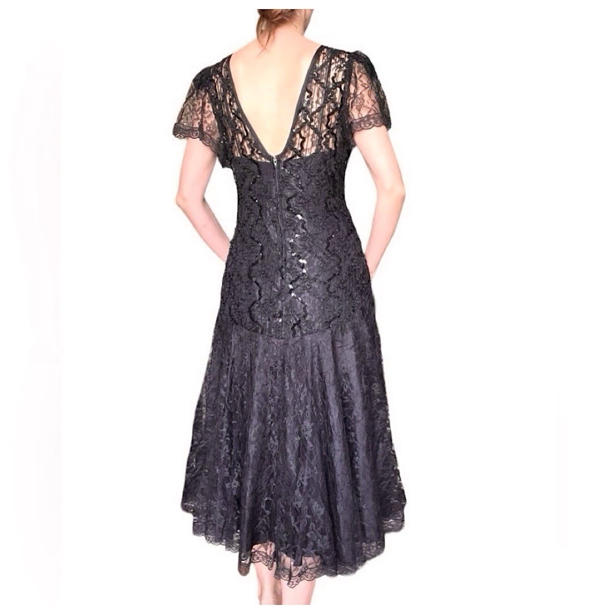Vtg HW Collections Sequined Lace Overlay Midi Dress Sz S/XS Black Scoop Back