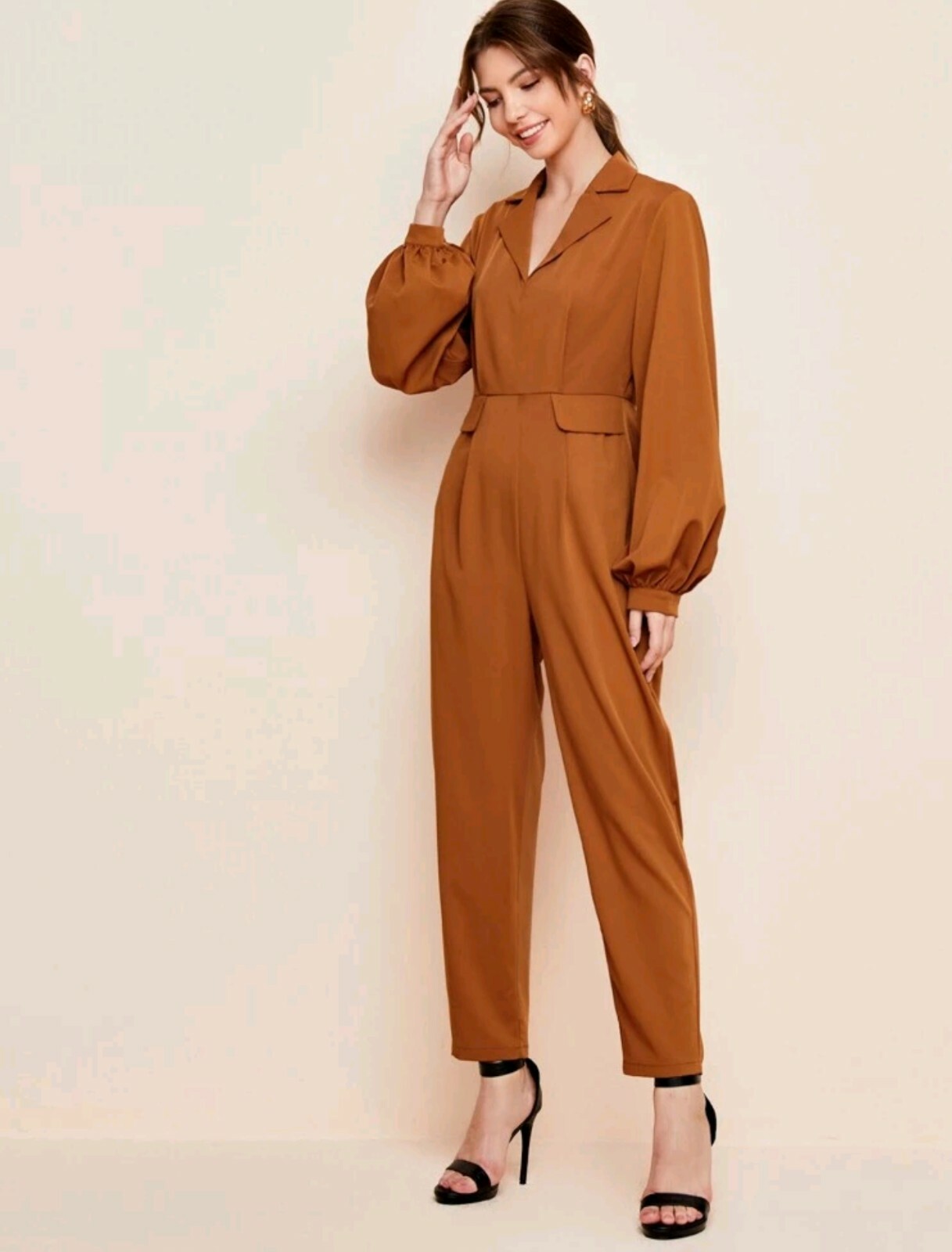 Shein Sleeve Flap Detail Jumpsuit Brown