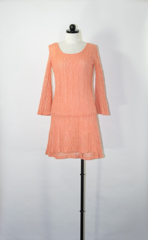 60s Vintage Orange Sorbet Crochet Knit Lace Dropped Waist Mini Dress Women S M